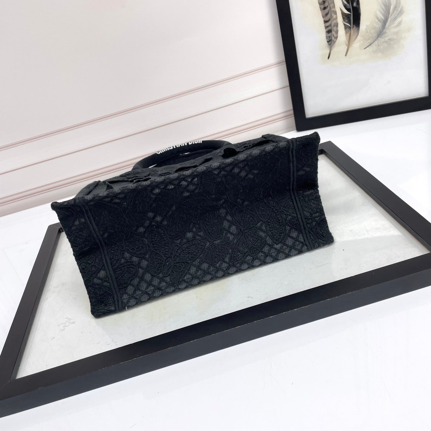 Dior Elegant Black Canvas Tote Bag with Embroidered Butterfly Detail