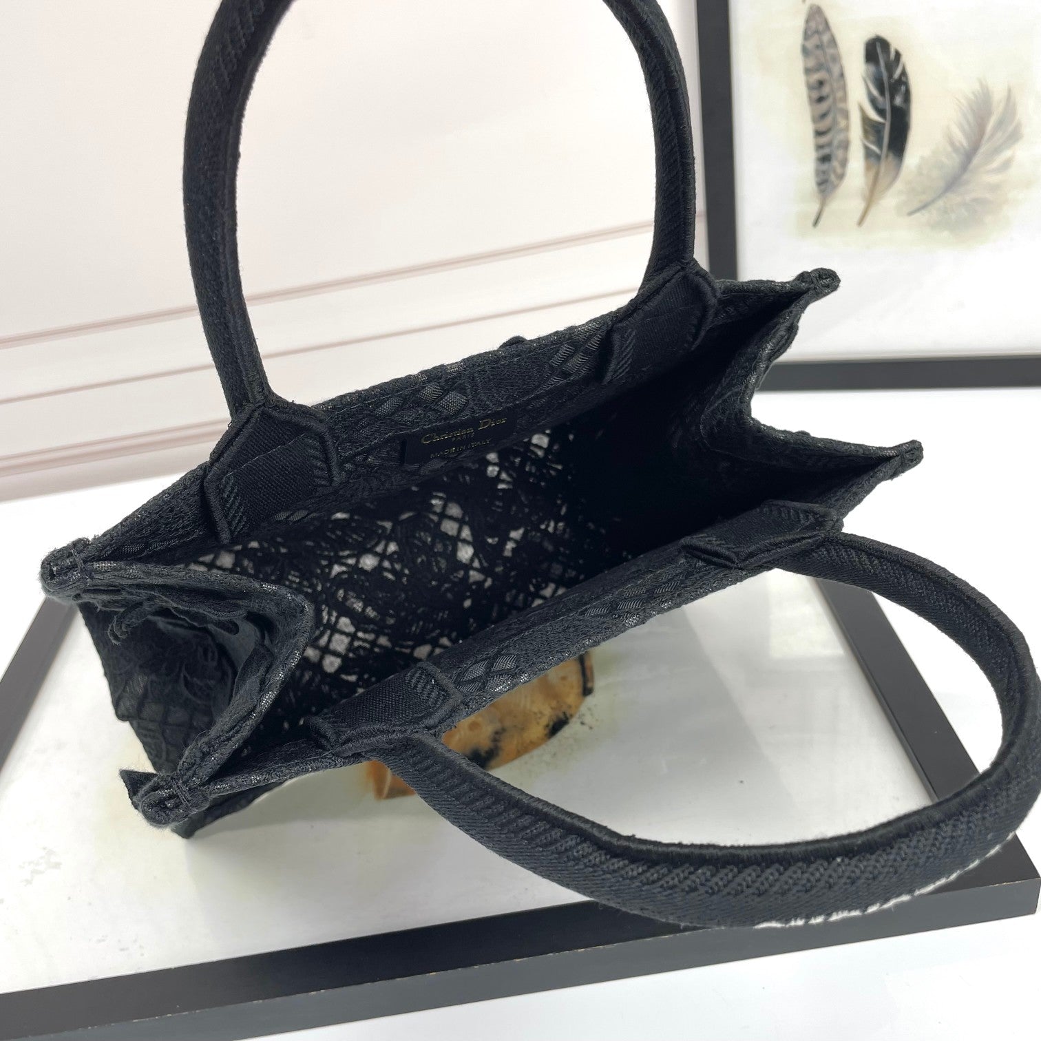 Dior Elegant Black Canvas Tote Bag with Embroidered Butterfly Detail