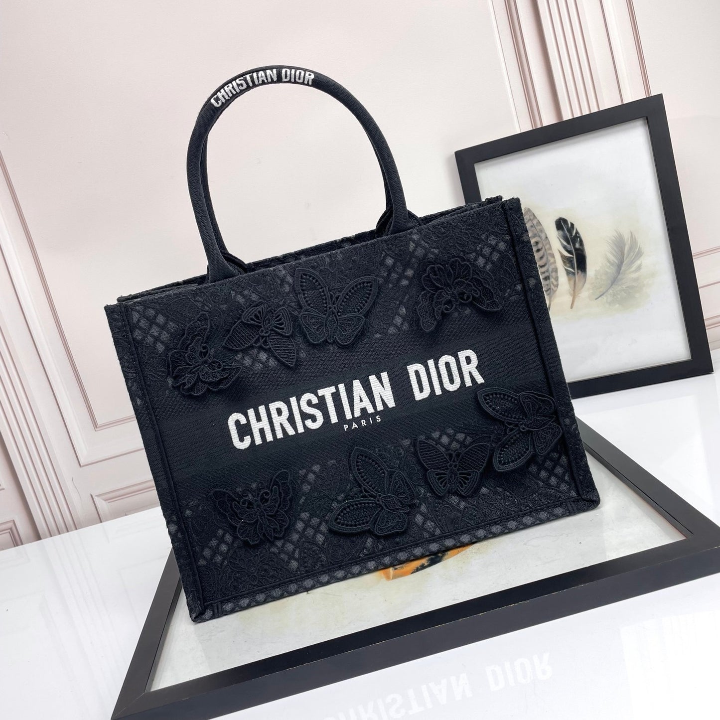 Dior Black Butterfly Embroidered Canvas Tote Bag with Top Handles