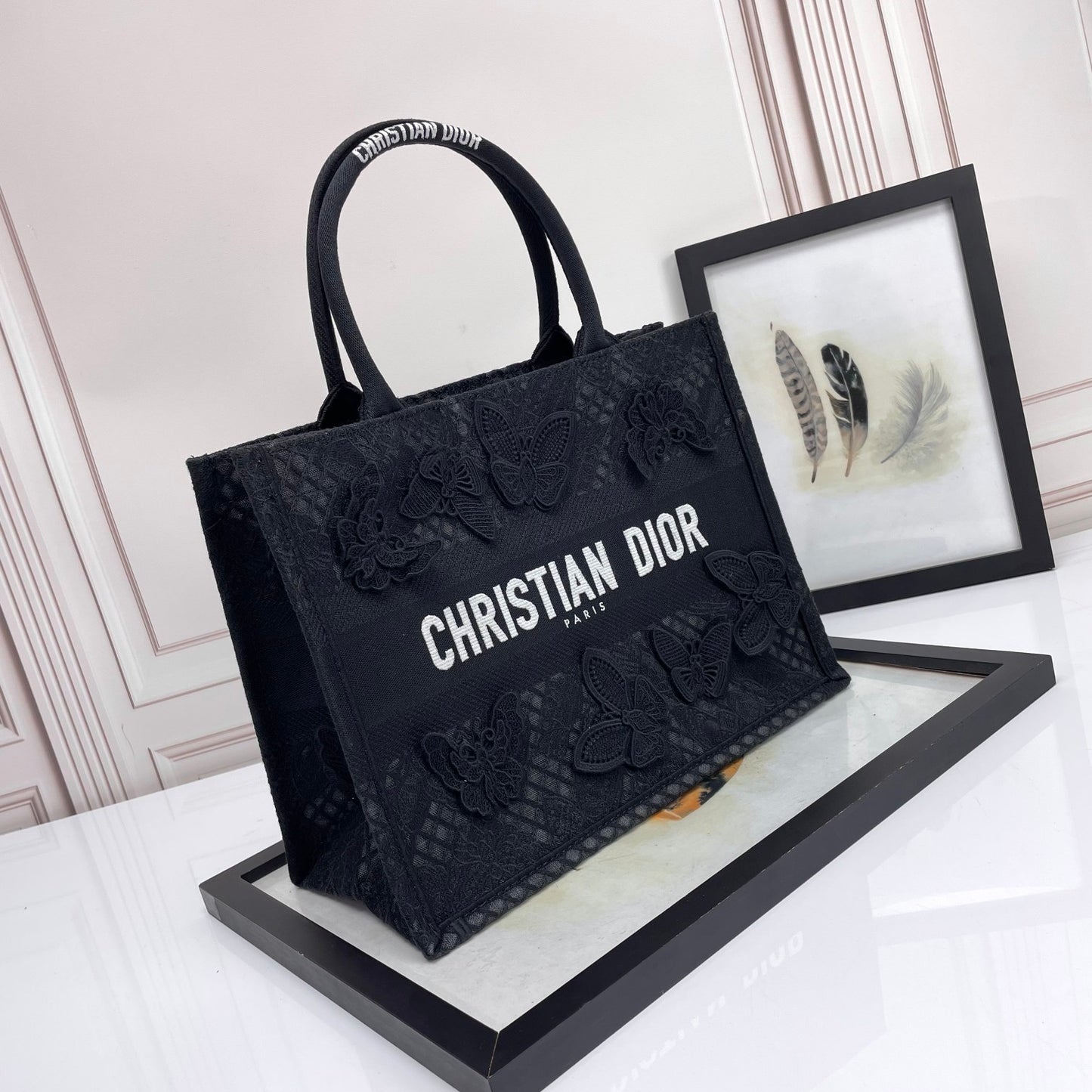 Dior Black Butterfly Embroidered Canvas Tote Bag with Top Handles