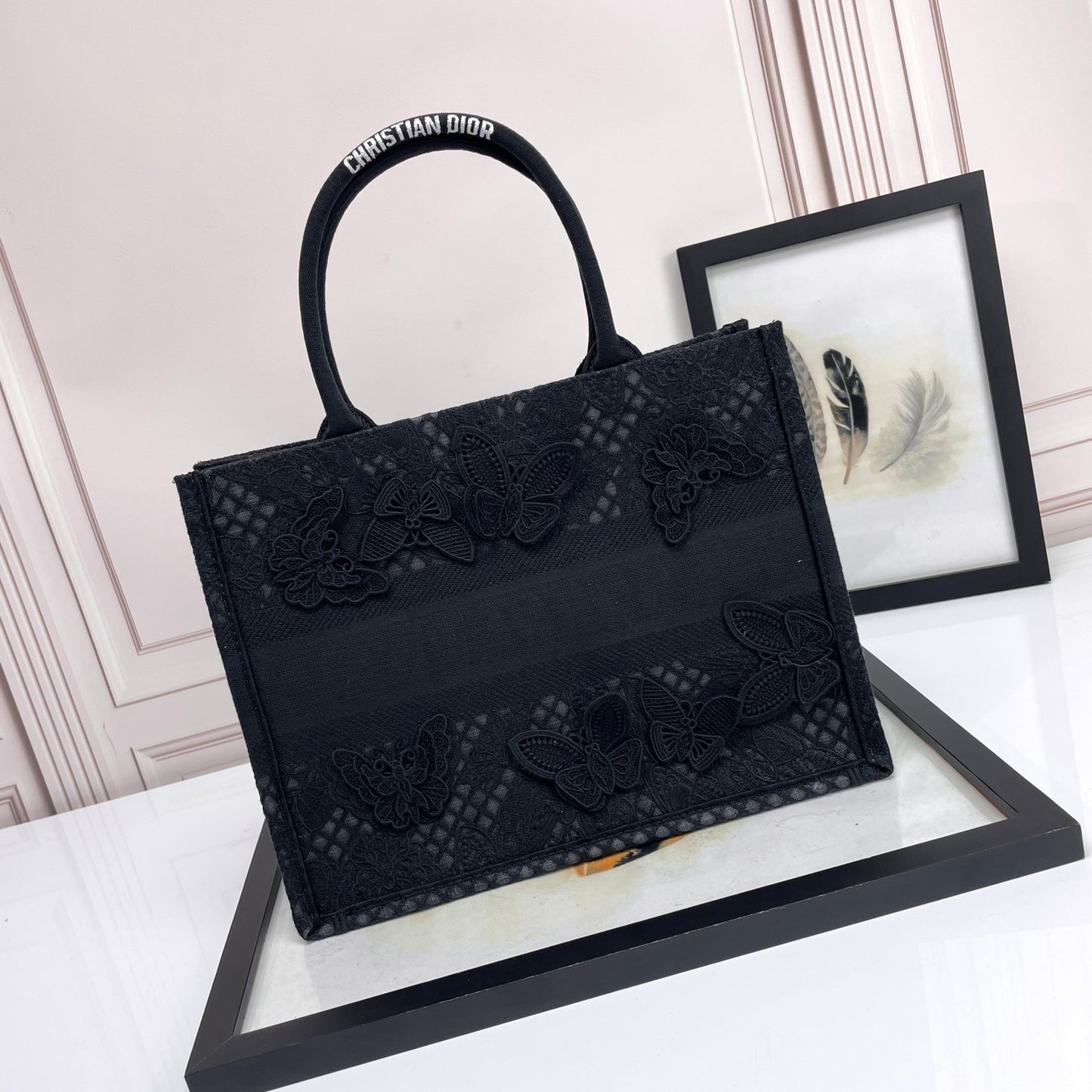 Christian Dior Black Butterfly Embroidered Canvas Book Tote Bag