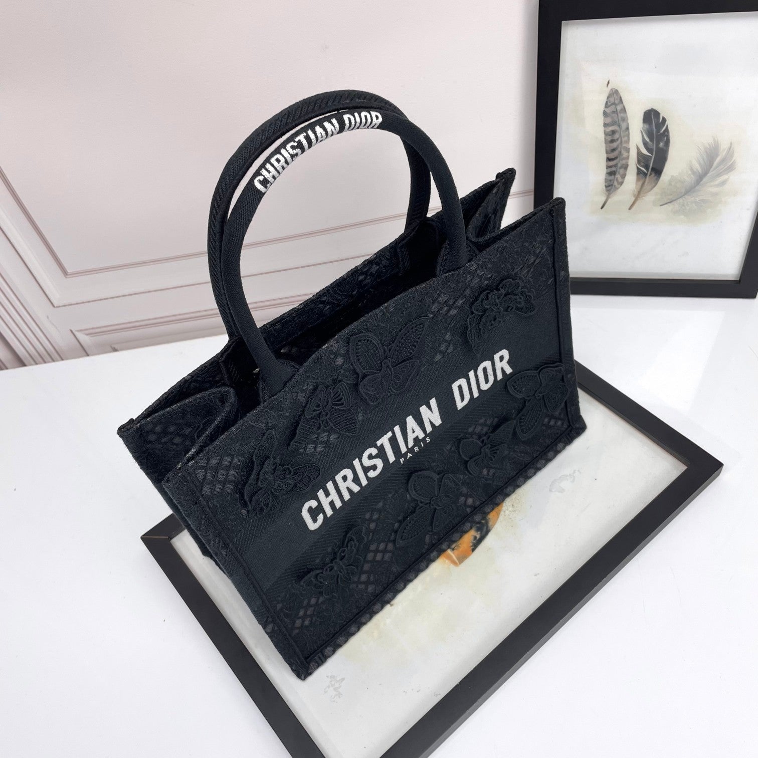 Dior Black Butterfly Embroidered Canvas Tote Bag with Top Handles