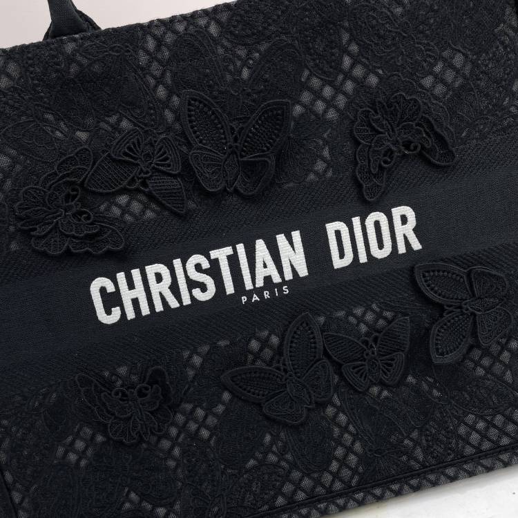 Dior Black Butterfly Embroidered Canvas Tote Bag with Top Handles
