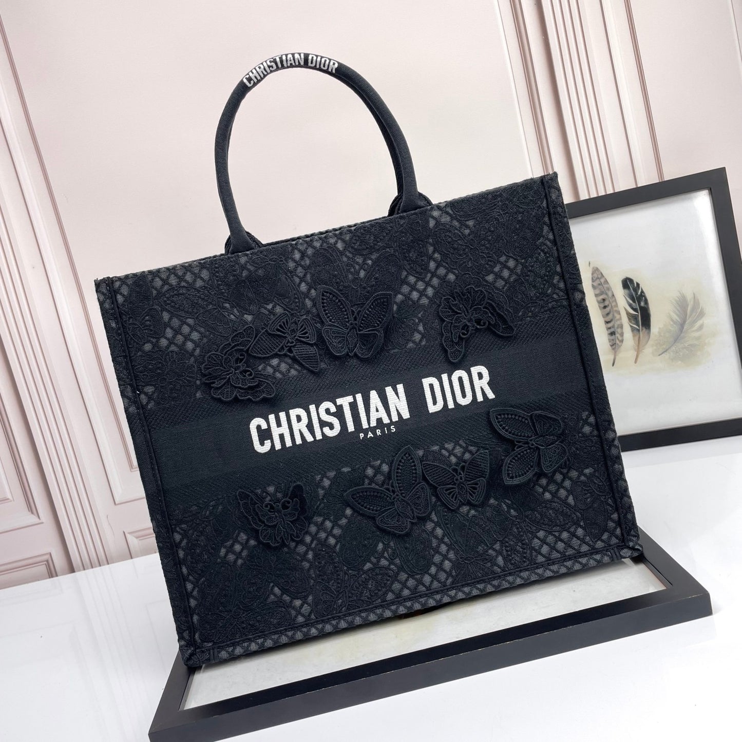 Dior Elegant Black Canvas Tote Bag with Butterfly Lace Embroidery