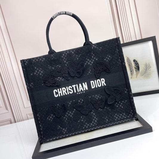 Dior Elegant Black Canvas Tote Bag with Butterfly Lace Embroidery