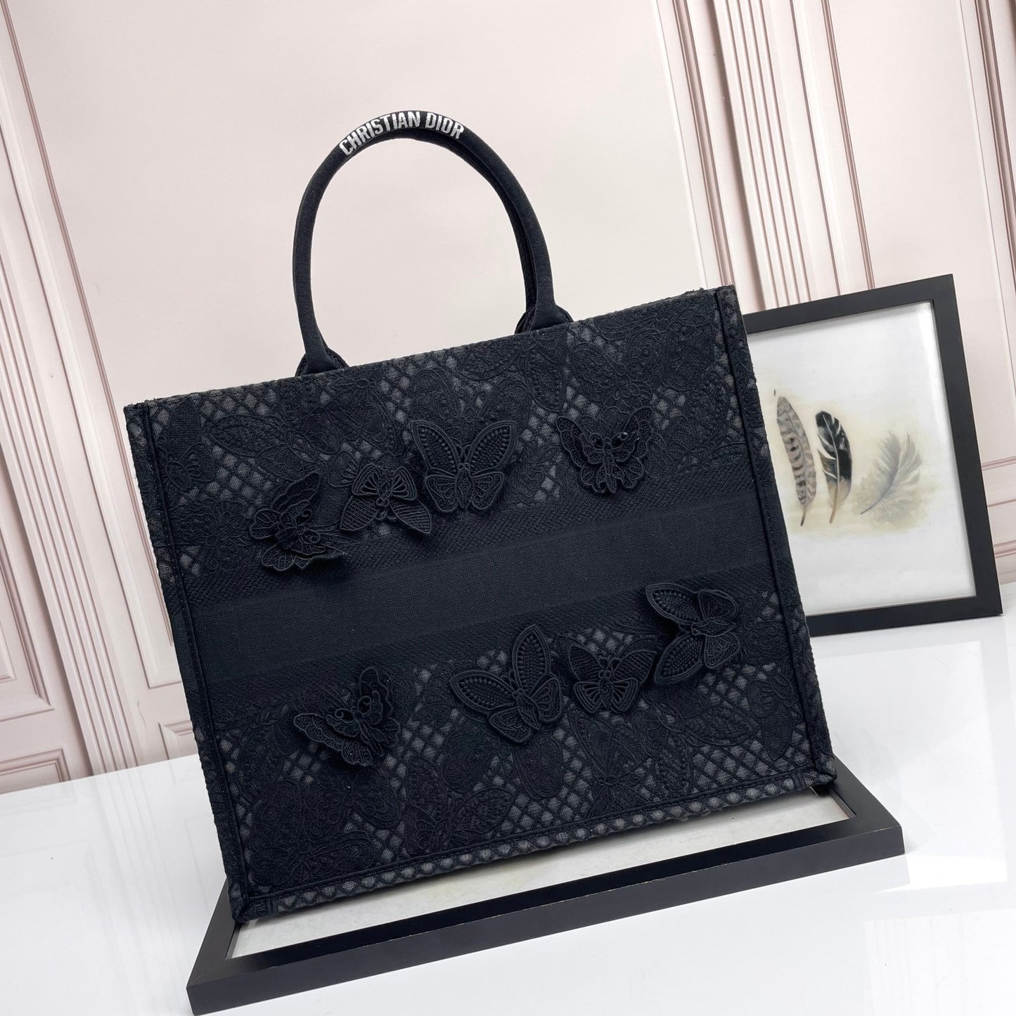 Dior Black Lace Butterfly Embroidered Canvas Tote Bag with Top Handles