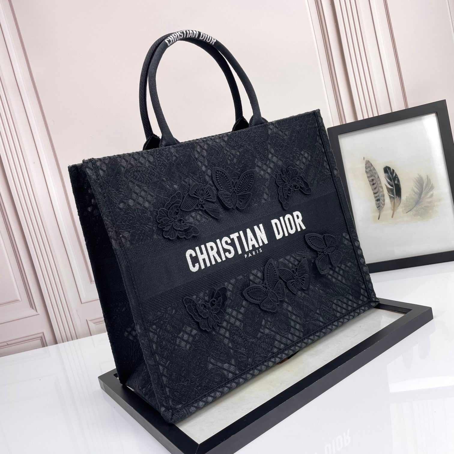 Dior Black Lace Butterfly Embroidered Canvas Tote Bag with Top Handles