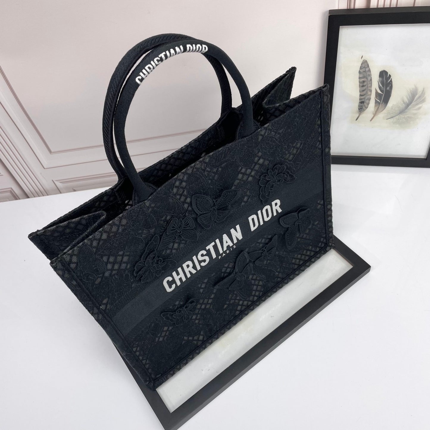Christian Dior Black Butterfly Embroidered Book Tote Bag