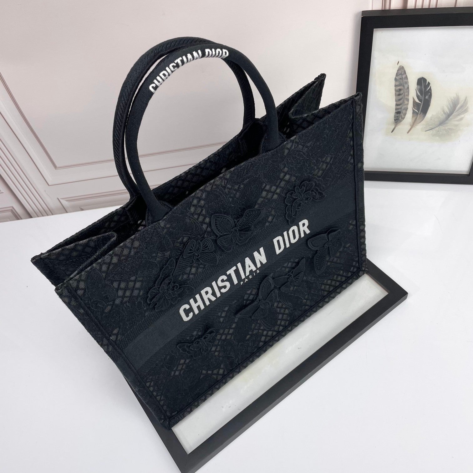 Dior Elegant Black Canvas Tote Bag with Butterfly Lace Embroidery