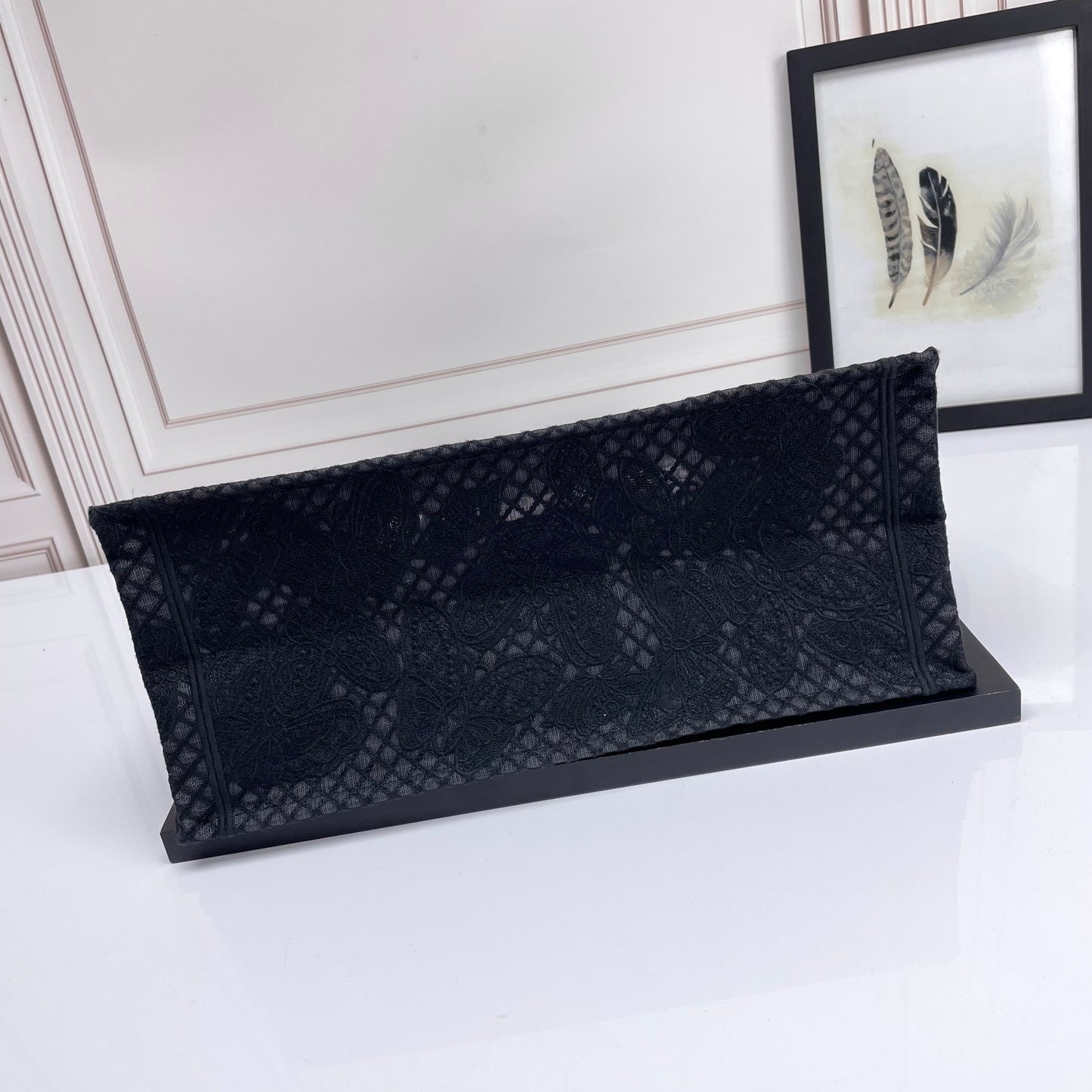 Dior Elegant Black Canvas Tote Bag with Butterfly Lace Embroidery