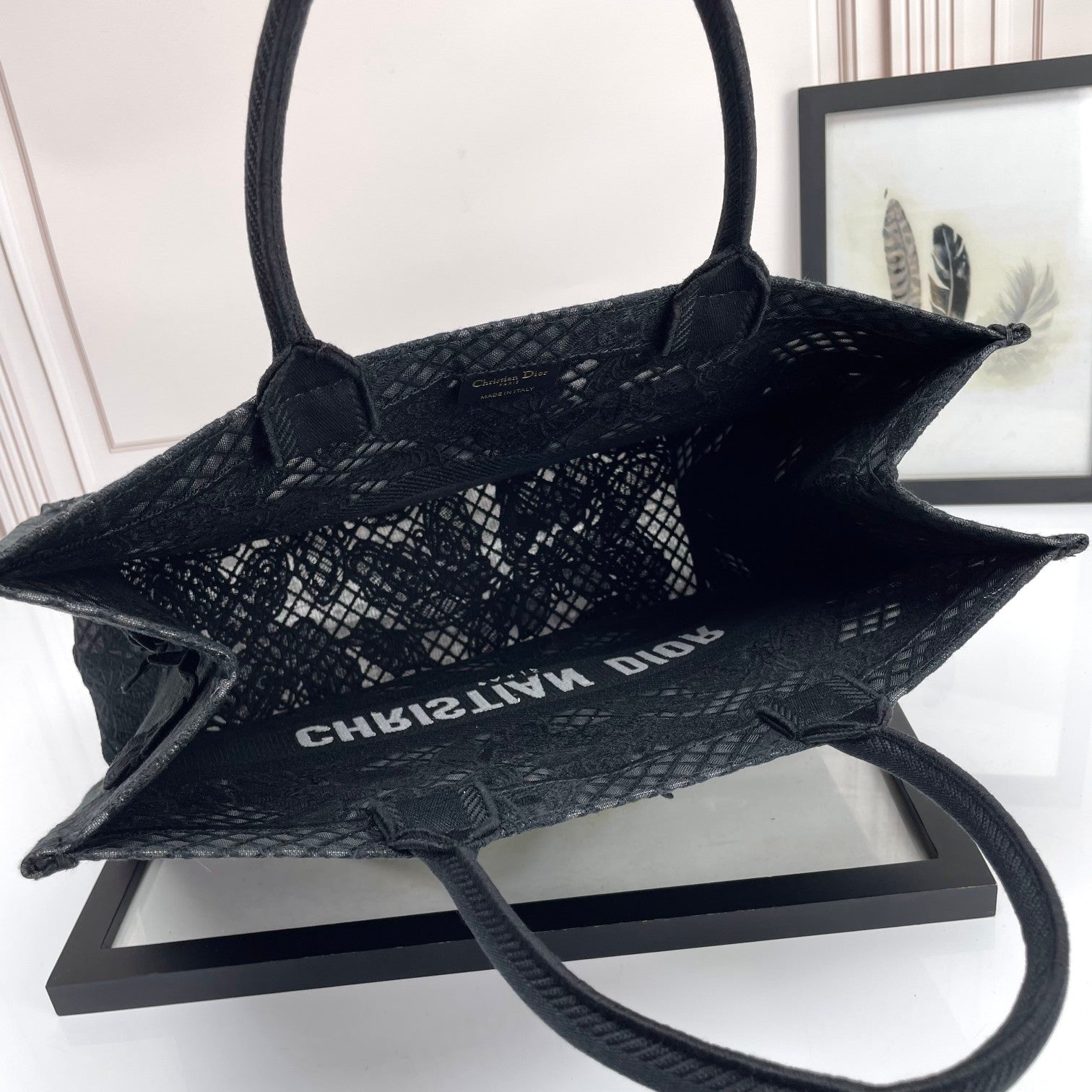 Dior Elegant Black Canvas Tote Bag with Butterfly Lace Embroidery