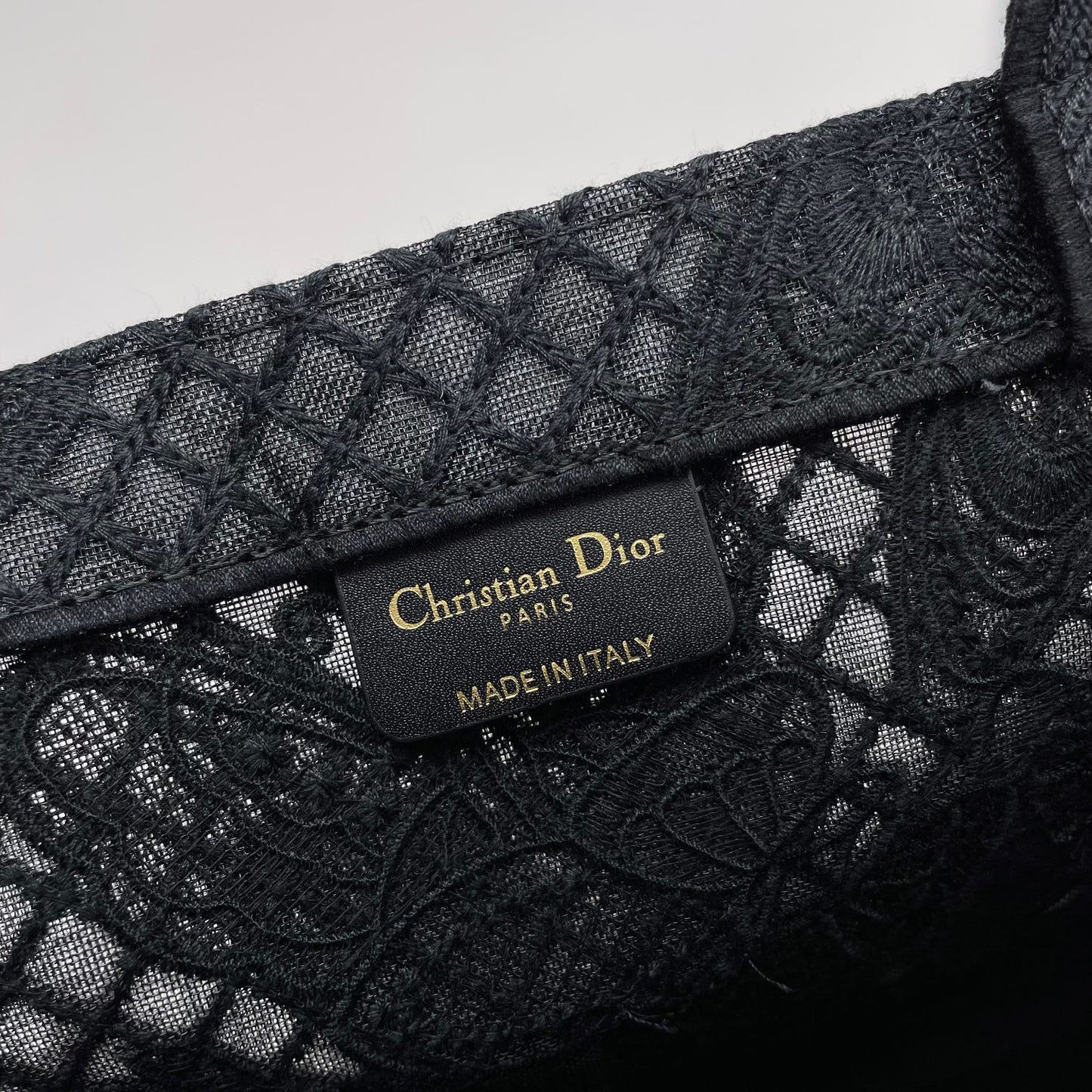 Dior Elegant Black Canvas Tote Bag with Butterfly Lace Embroidery