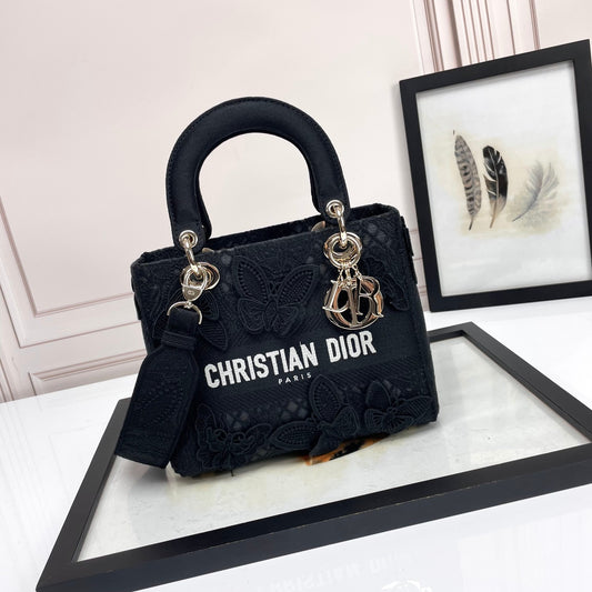 Christian Dior Lady D-Lite Medium Bag Black Embroidered Canvas
