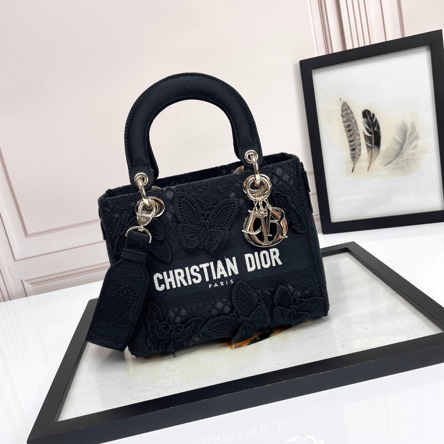 Dior Elegant Black Embroidered Canvas Handbag with Top Handle
