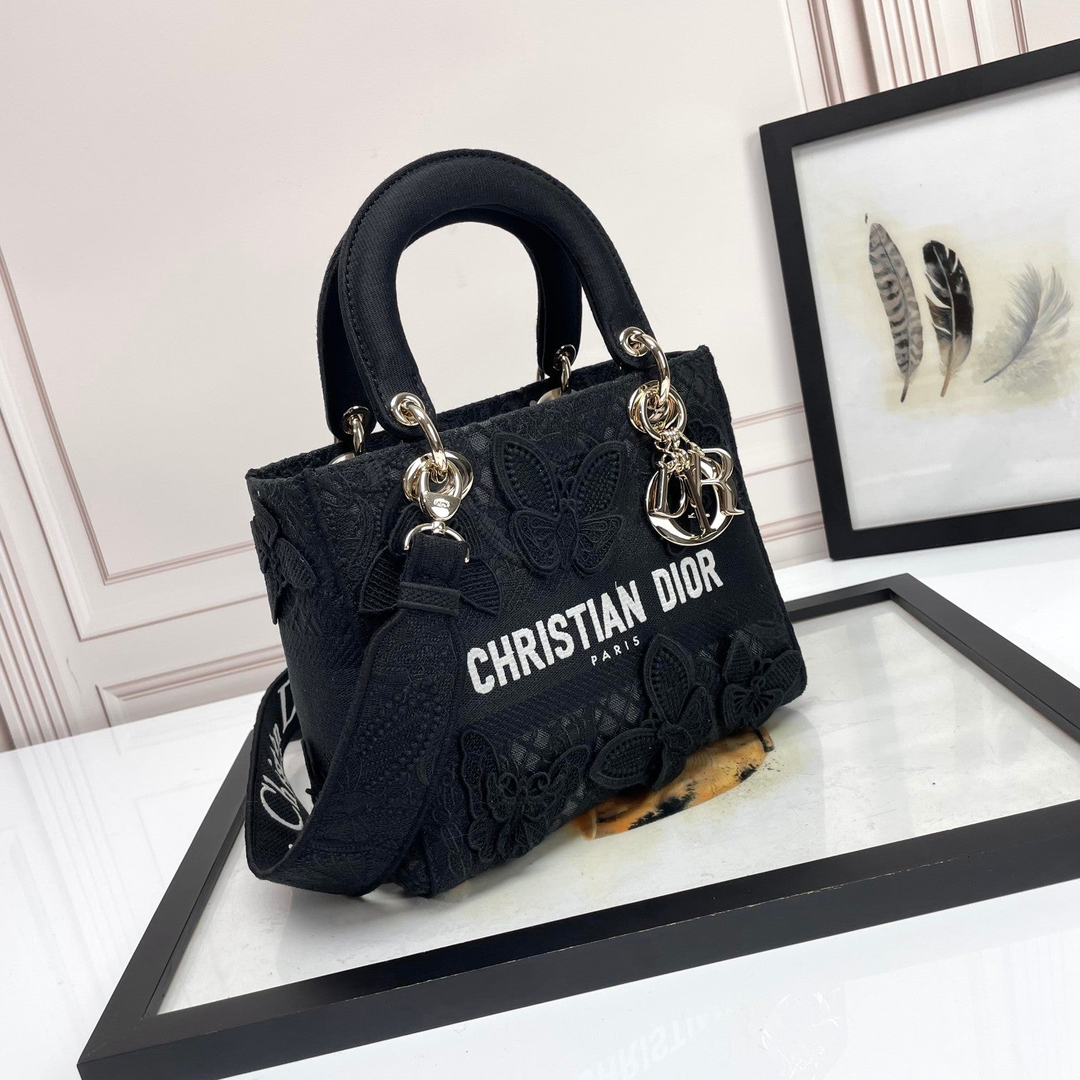 Dior Elegant Black Embroidered Floral Canvas Top Handle Handbag