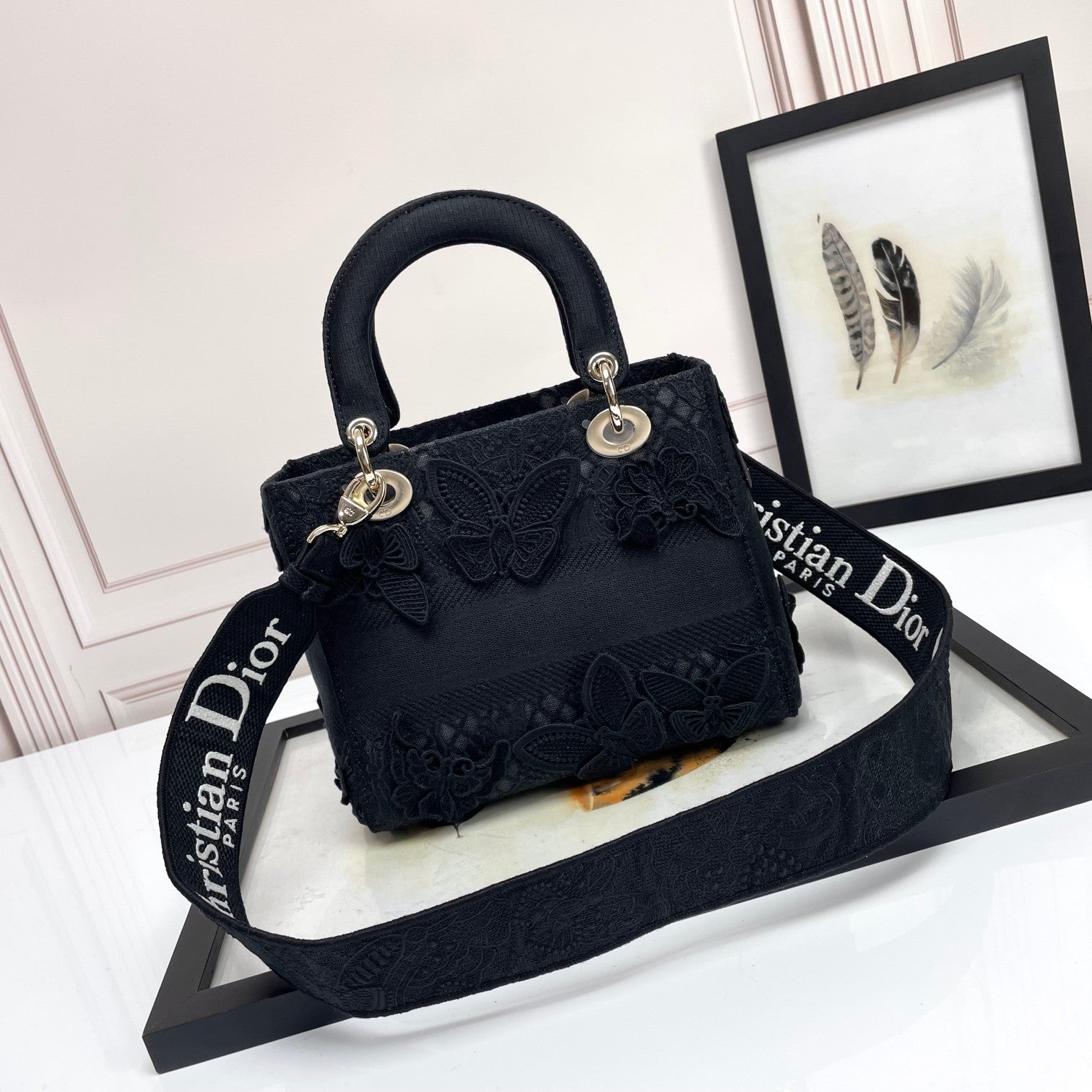 Dior Elegant Black Embroidered Floral Canvas Top Handle Handbag
