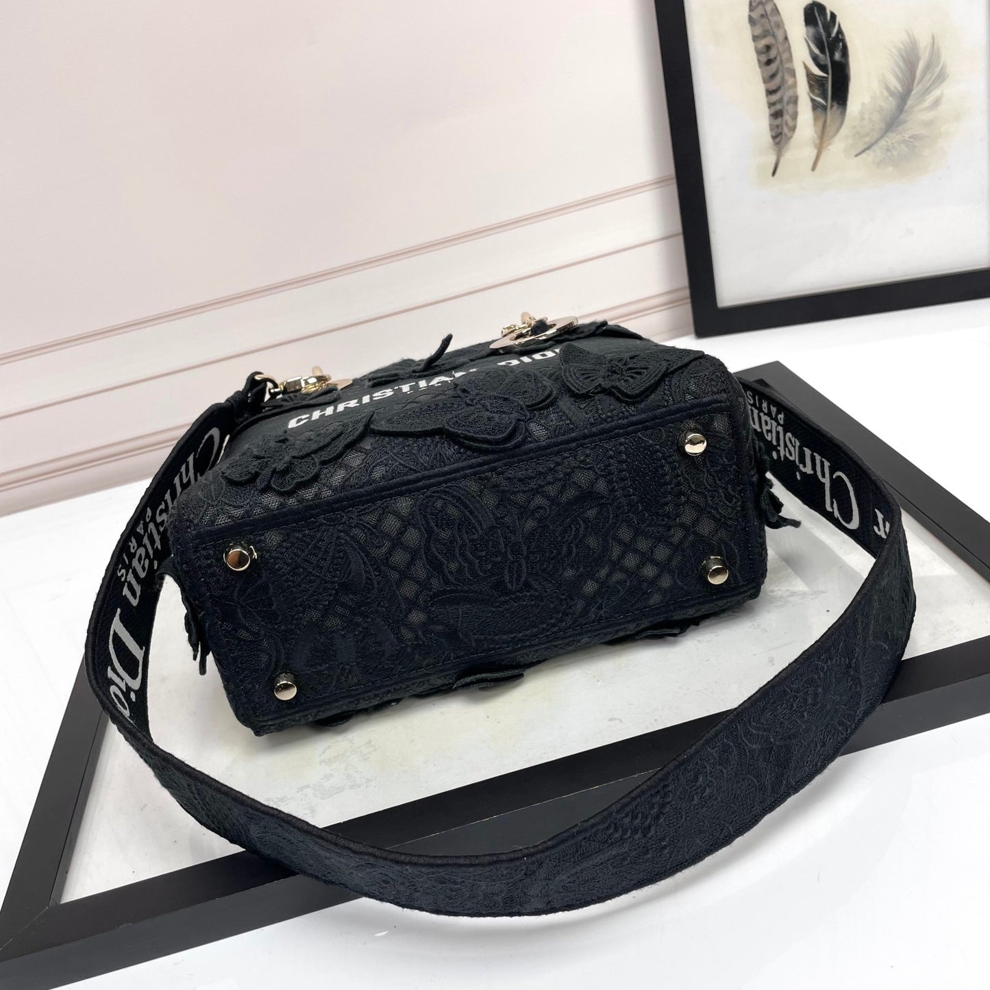 Christian Dior Lady Lite Black Floral Embroidered Handbag