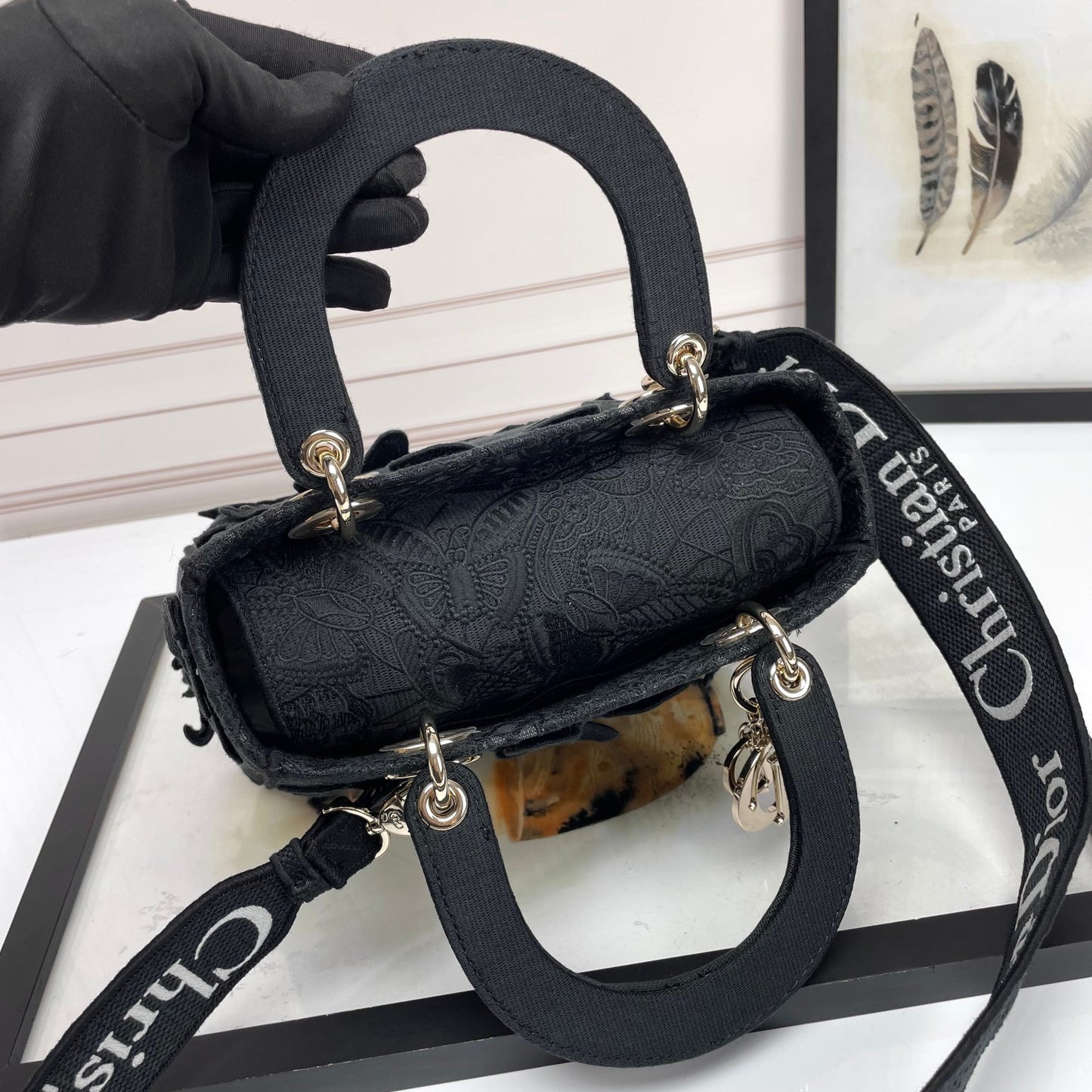 Dior Elegant Black Embroidered Canvas Handbag with Top Handle