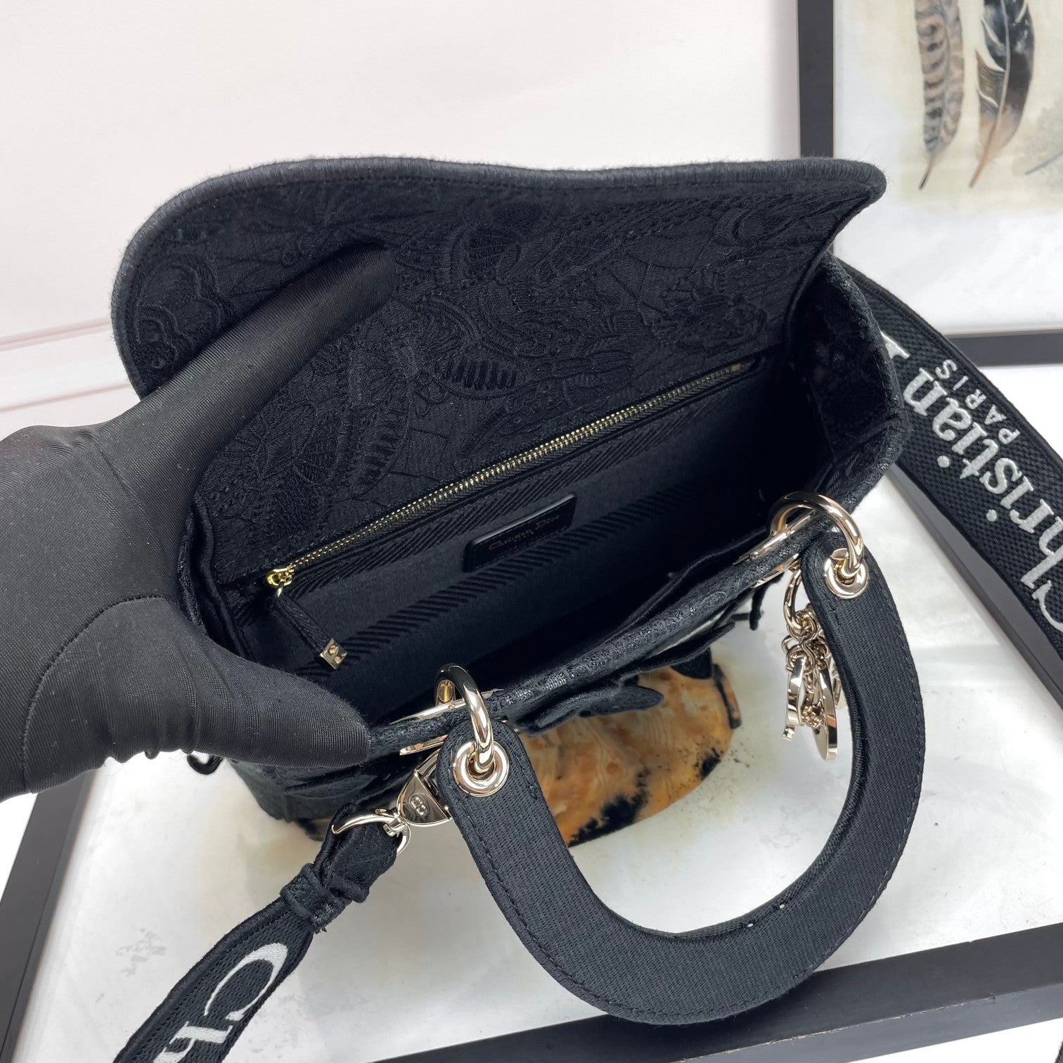 Dior Elegant Black Embroidered Floral Top Handle Handbag with Gold Charms