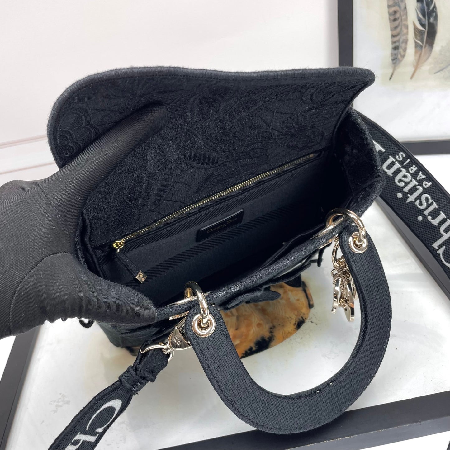 Christian Dior Lady D-Lite Bag - Black Embroidered Canvas Handbag