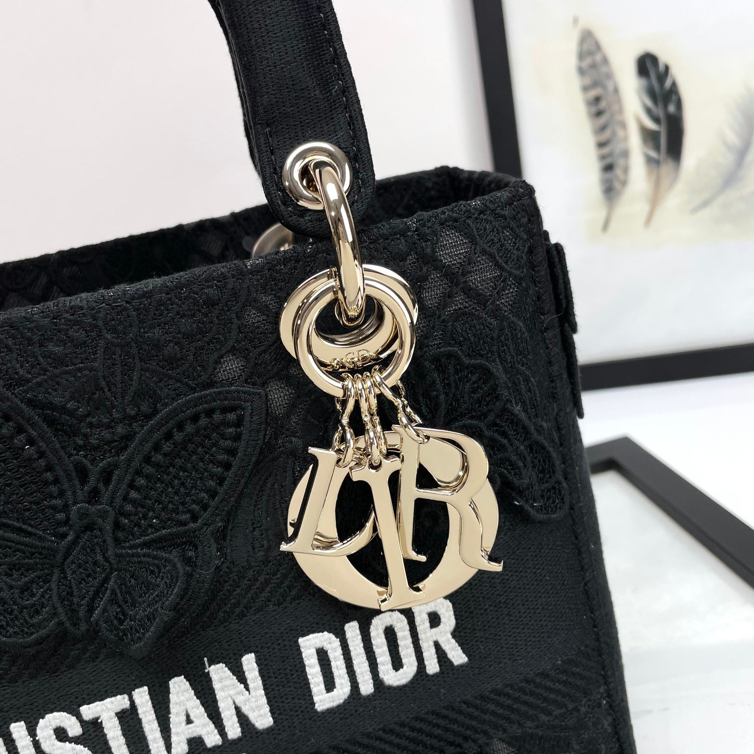 Dior Elegant Black Floral Butterfly Embroidered Top Handle Handbag