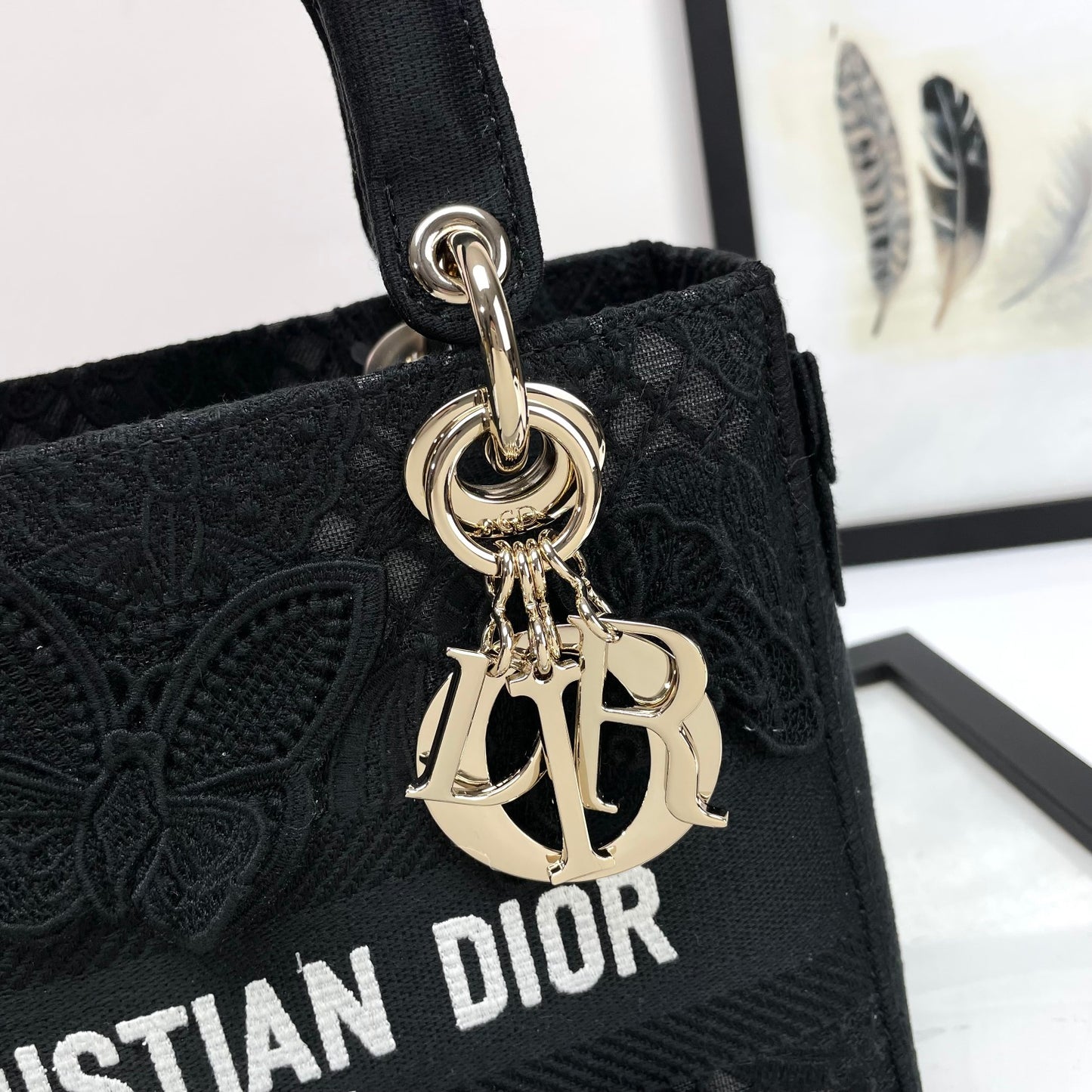 Dior Elegant Black Embroidered Floral Canvas Top Handle Handbag