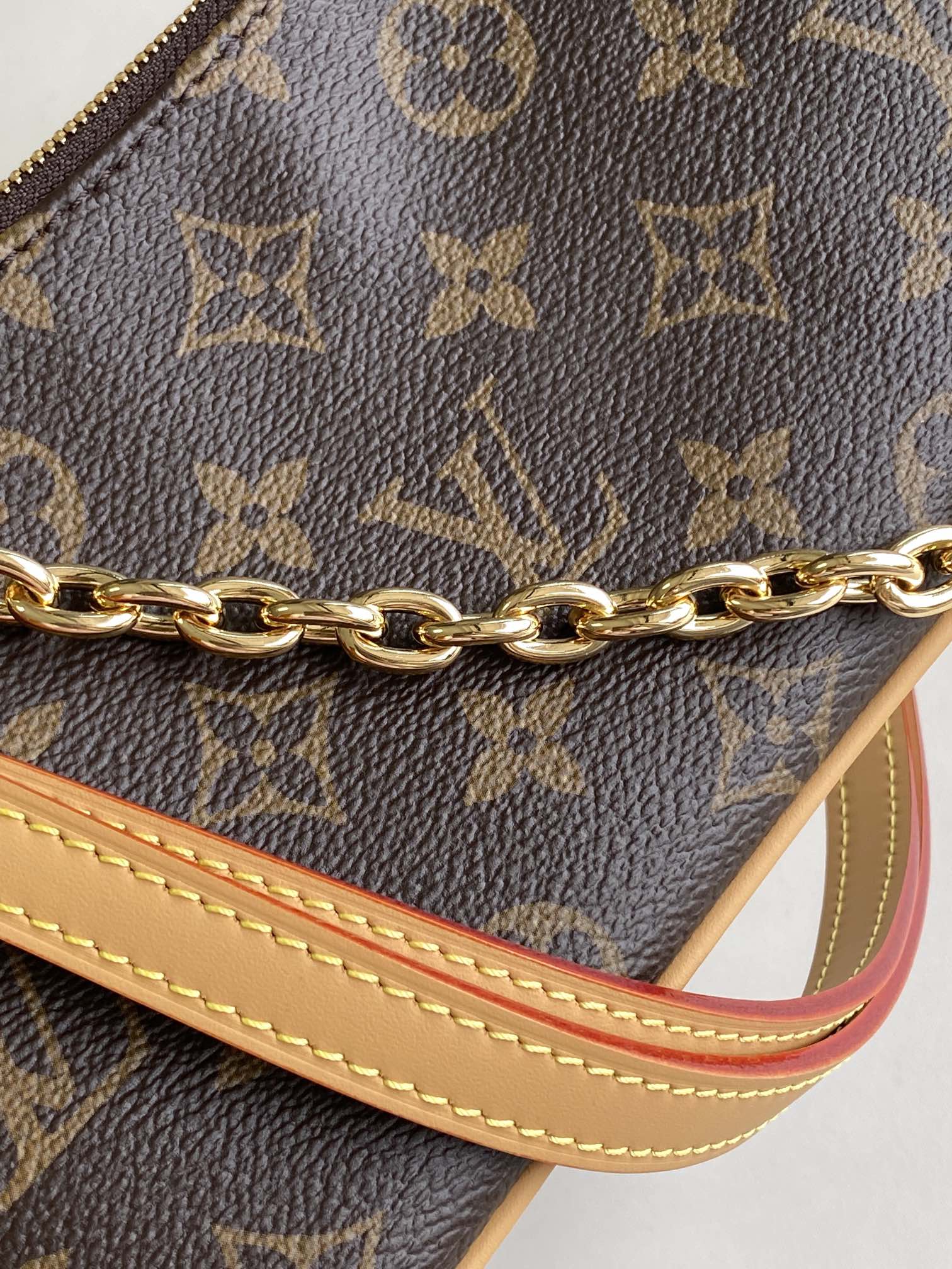Louis Vuitton Classic Monogram Print Canvas Clutch Bag with Gold Chain Strap