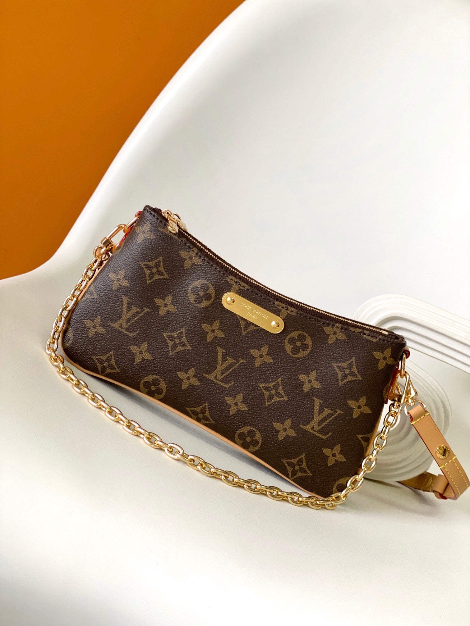 Louis Vuitton Classic Monogram Print Canvas Clutch Bag with Gold Chain Strap