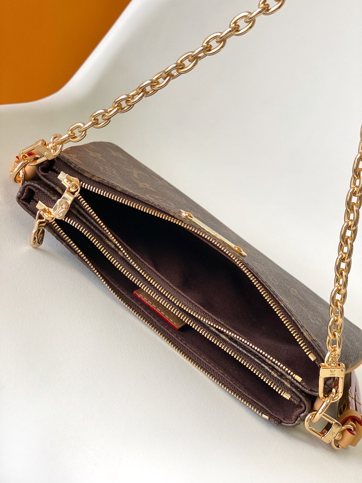Louis Vuitton Classic Monogram Print Canvas Clutch Bag with Gold Chain Strap