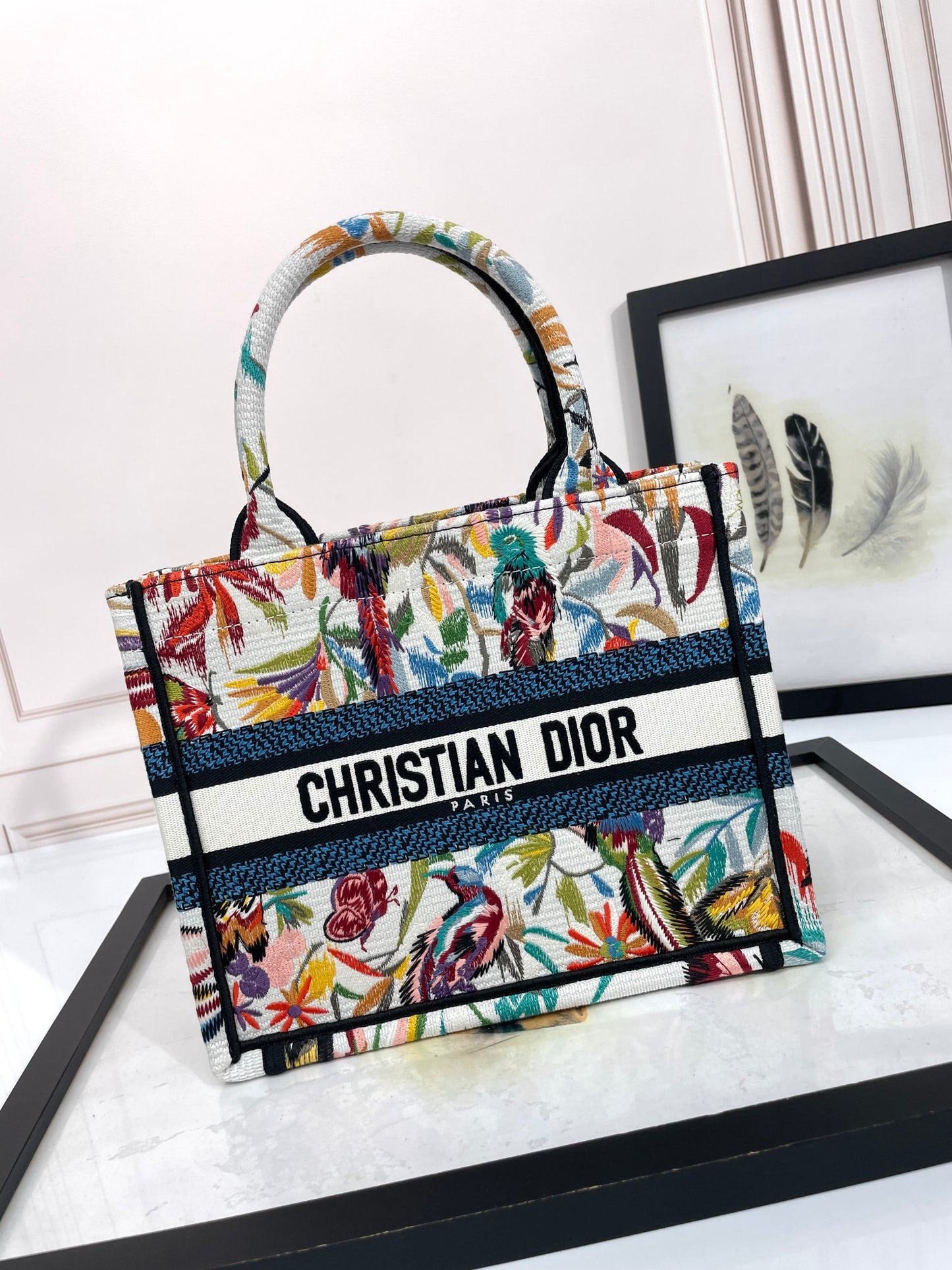 Dior Colorful Tropical Floral Print Canvas Top Handle Tote Bag