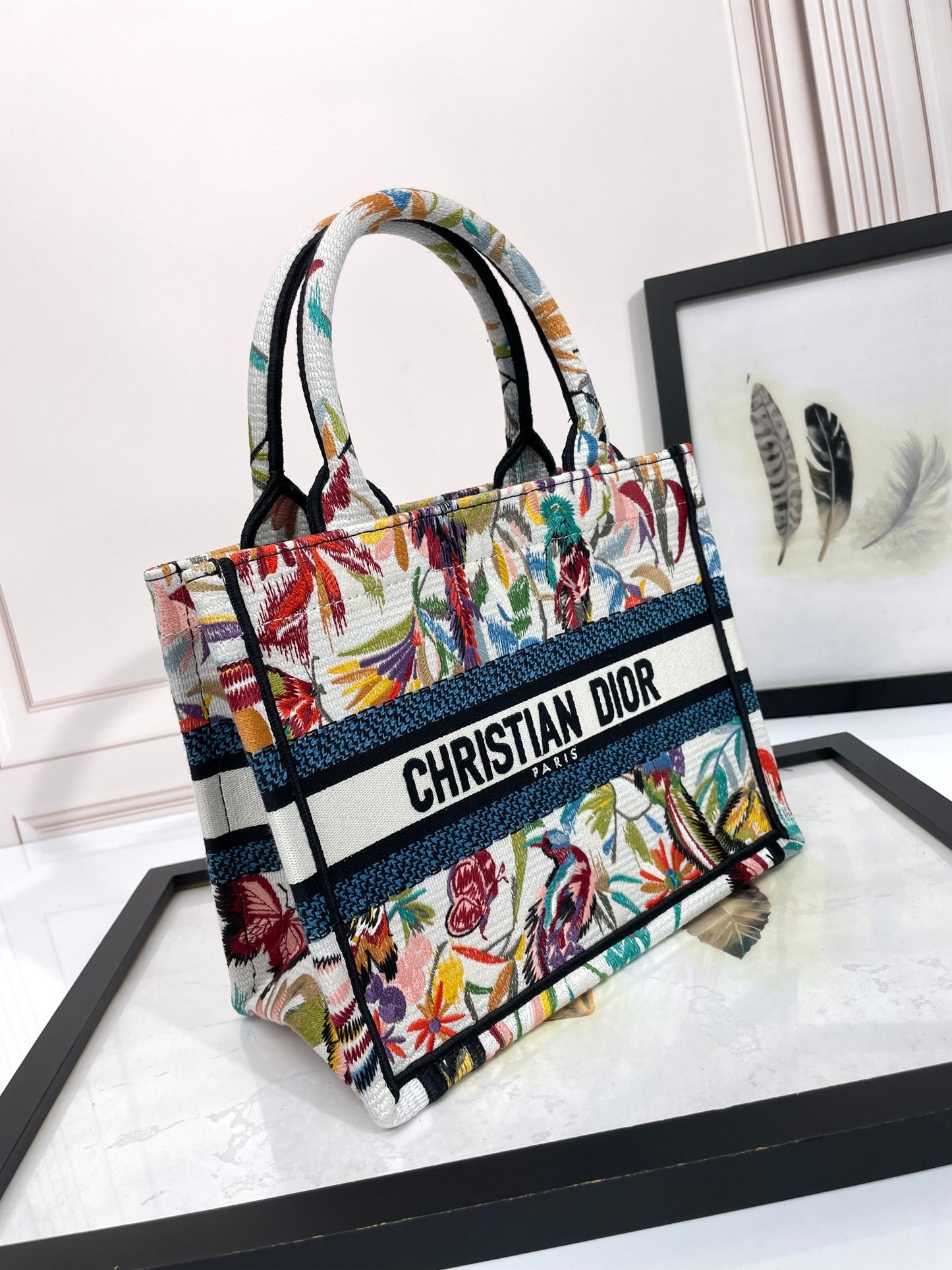 Dior Colorful Tropical Floral Canvas Tote Bag with Top Handles