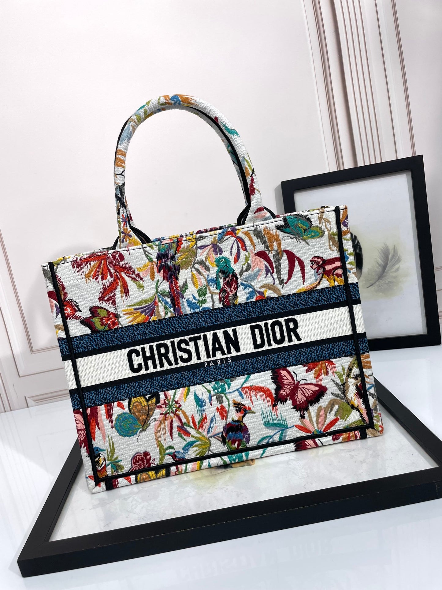 Dior Embroidered Floral Butterfly Canvas Tote Bag with Top Handles