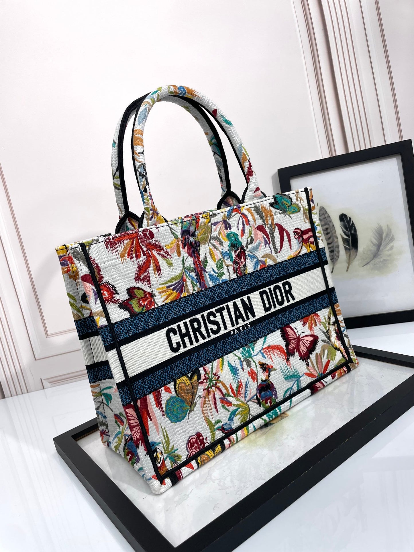 Dior Embroidered Floral Butterfly Canvas Tote Bag with Top Handles