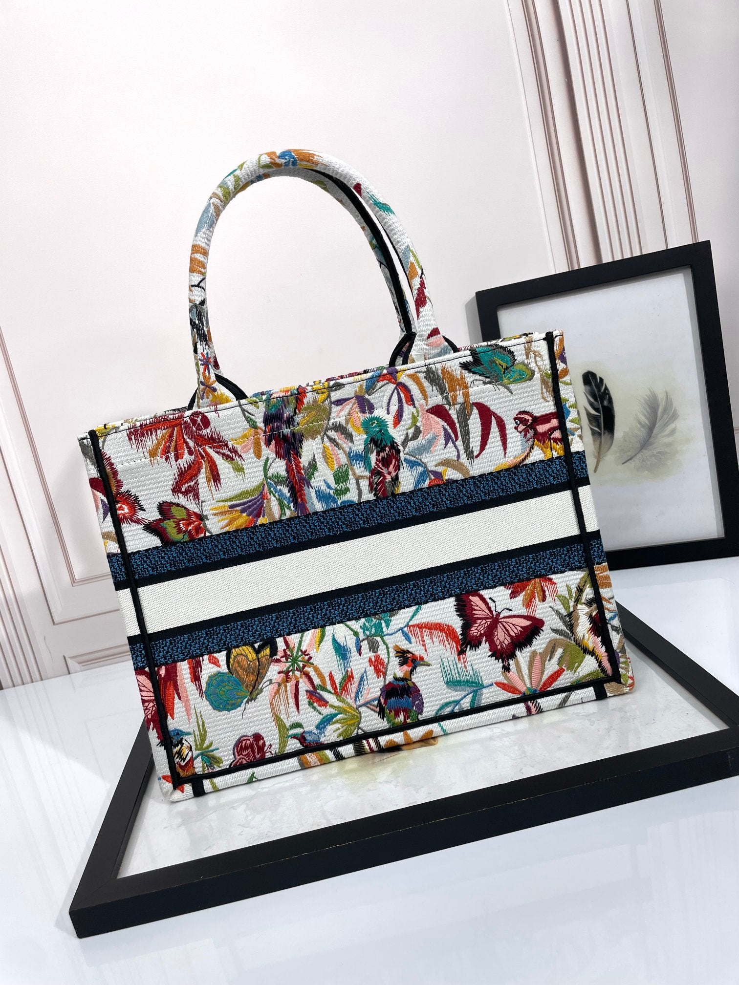 Dior Embroidered Floral Butterfly Canvas Tote Bag with Top Handles