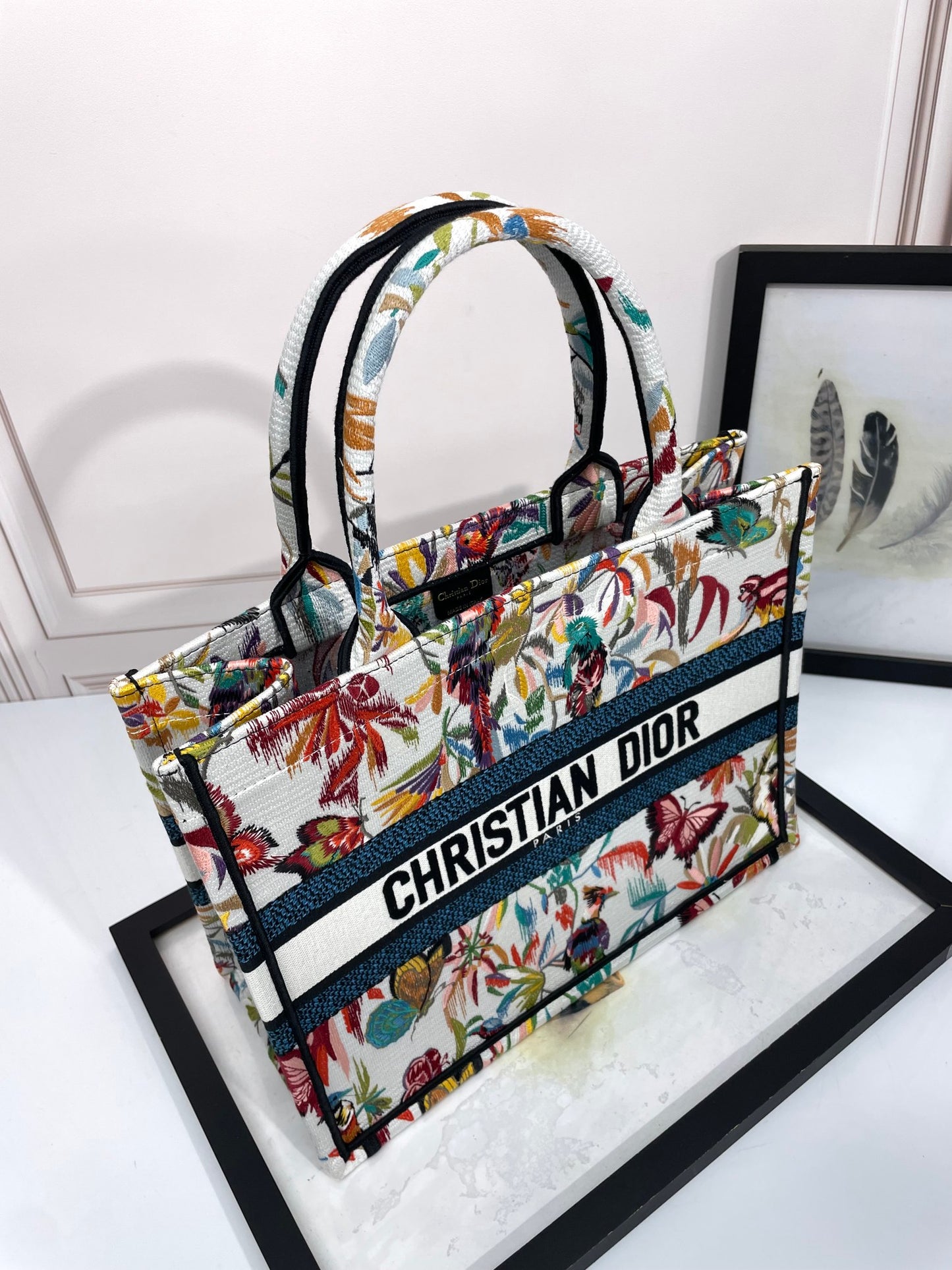 Dior Embroidered Floral Butterfly Canvas Tote Bag with Top Handles