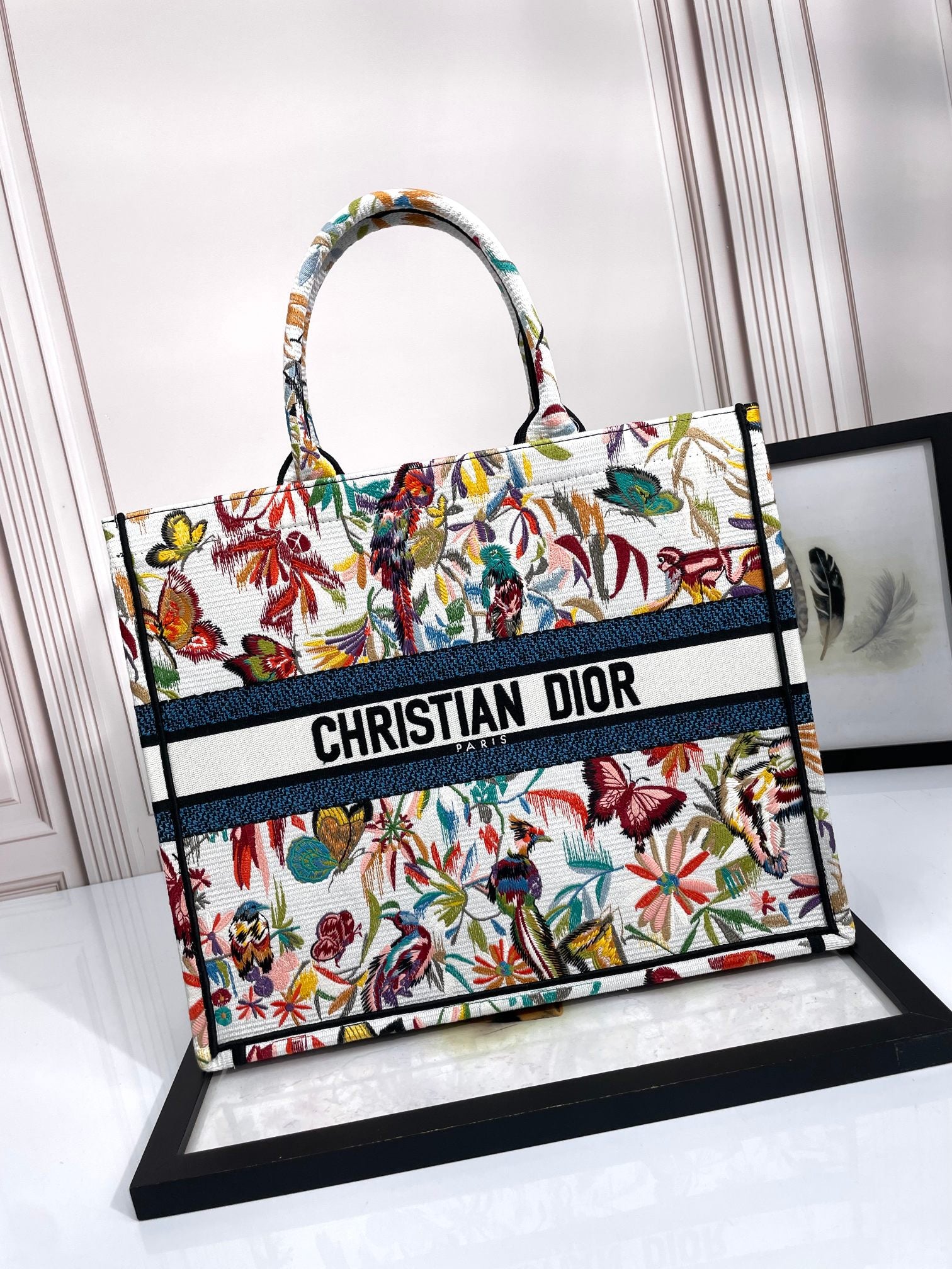 Dior Large Floral Butterfly Embroidered Canvas Tote Bag