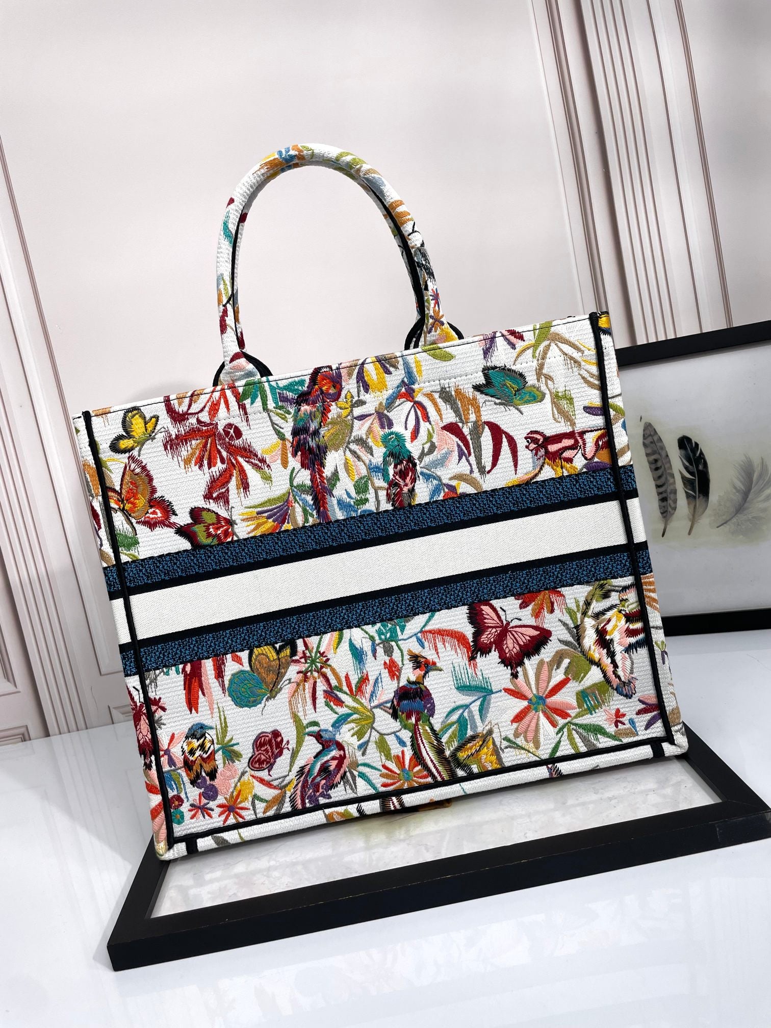 Dior Colorful Floral Butterfly Embroidery Large Canvas Tote Bag