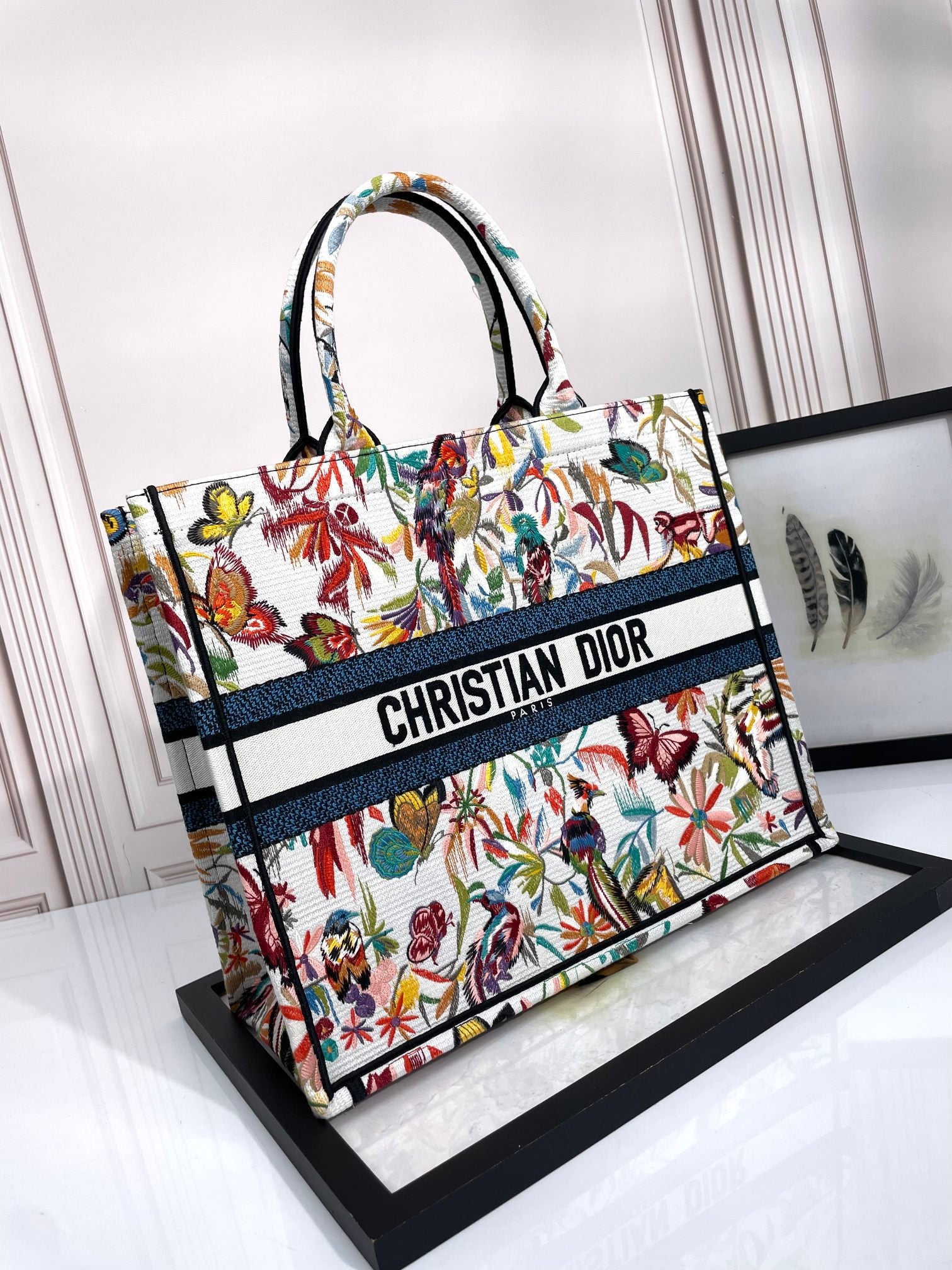 Dior Colorful Floral Butterfly Embroidery Large Canvas Tote Bag