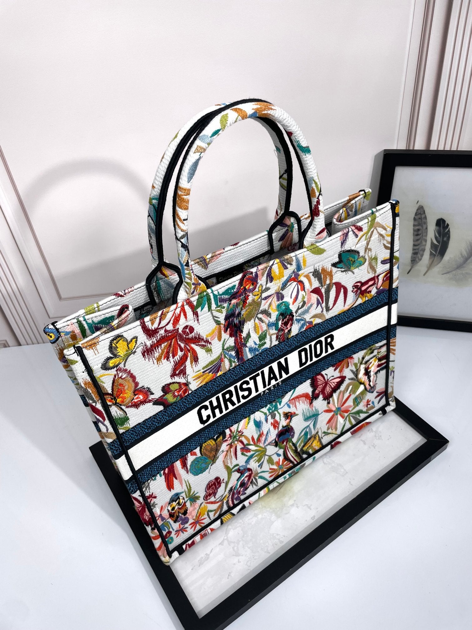 Dior Large Floral Butterfly Embroidered Canvas Tote Bag
