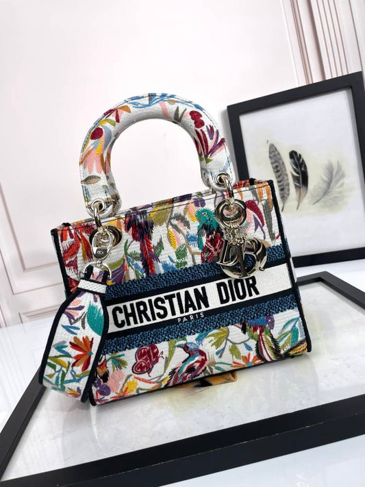 Dior Elegant Colorful Floral Print Top Handle Handbag with Strap