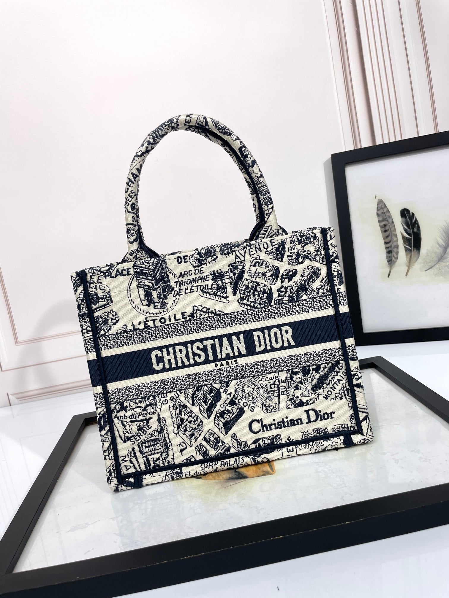 Dior Vintage Toile Map Pattern Canvas Top Handle Tote Handbag