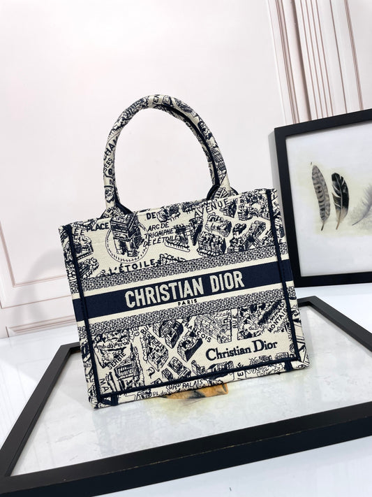 Dior Vintage Toile Map Pattern Canvas Top Handle Tote Handbag