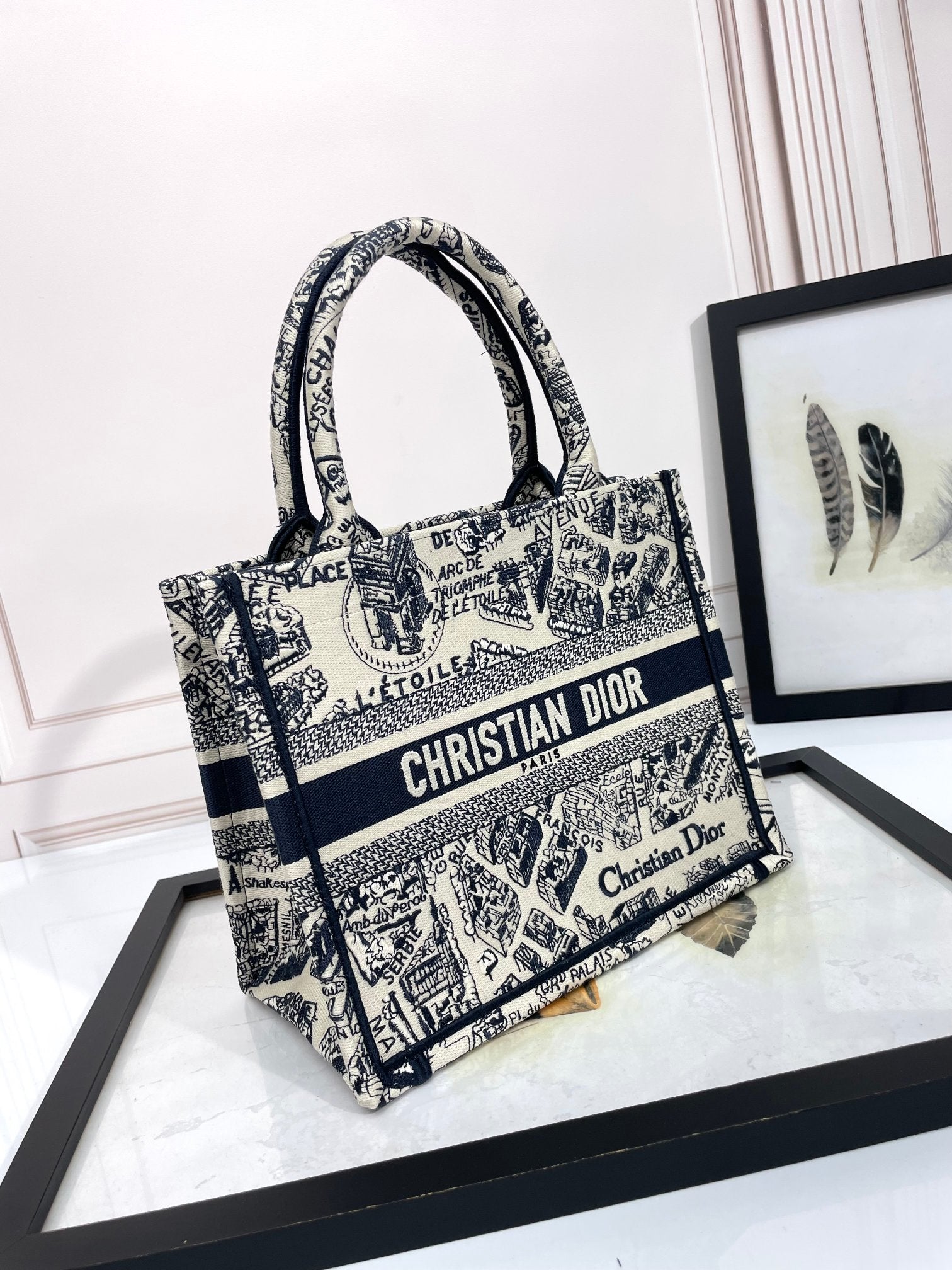 Dior Chic Vintage Black and White Map Print Canvas Tote Handbag
