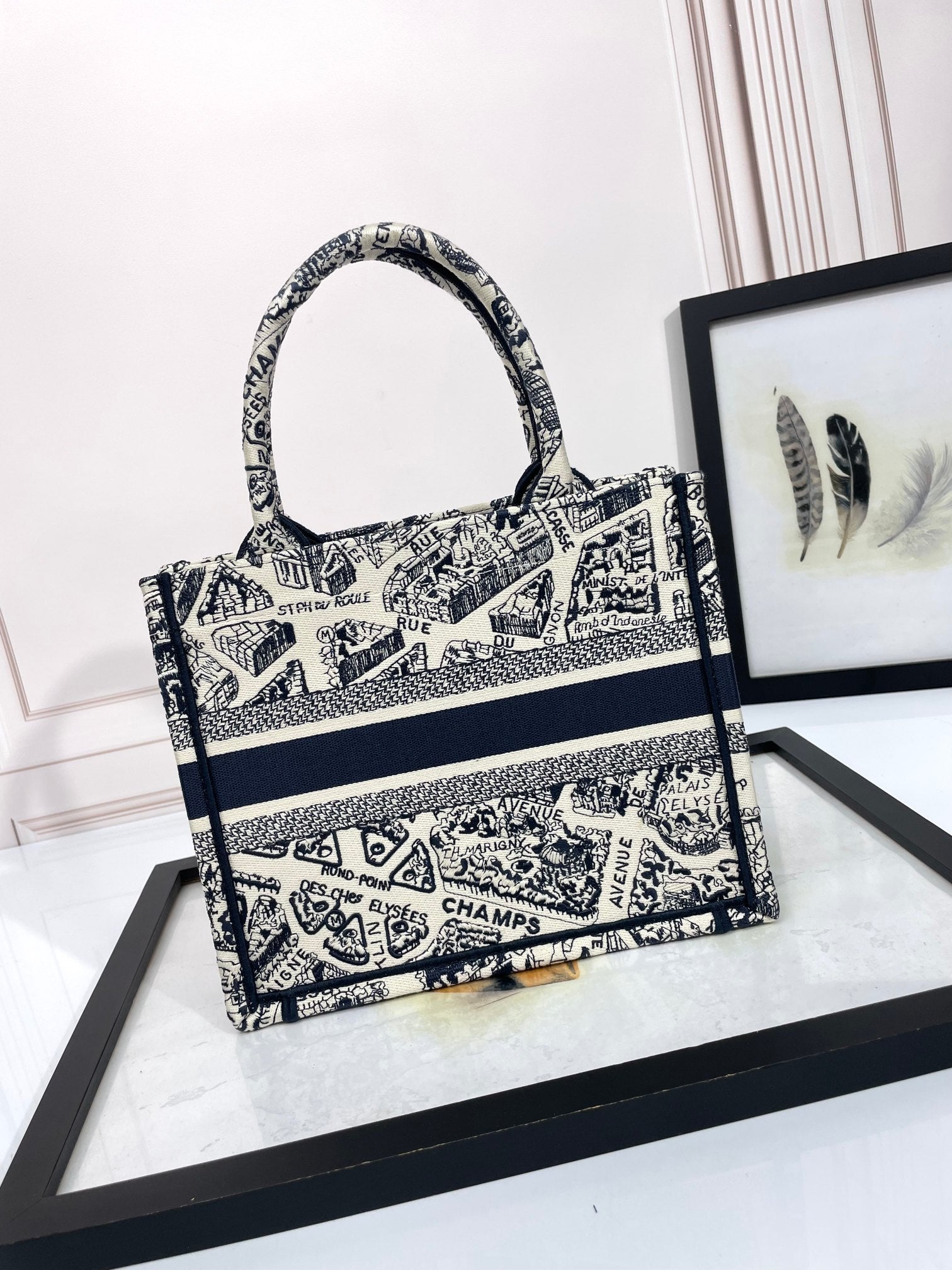 Dior Vintage Toile Map Pattern Canvas Top Handle Tote Handbag
