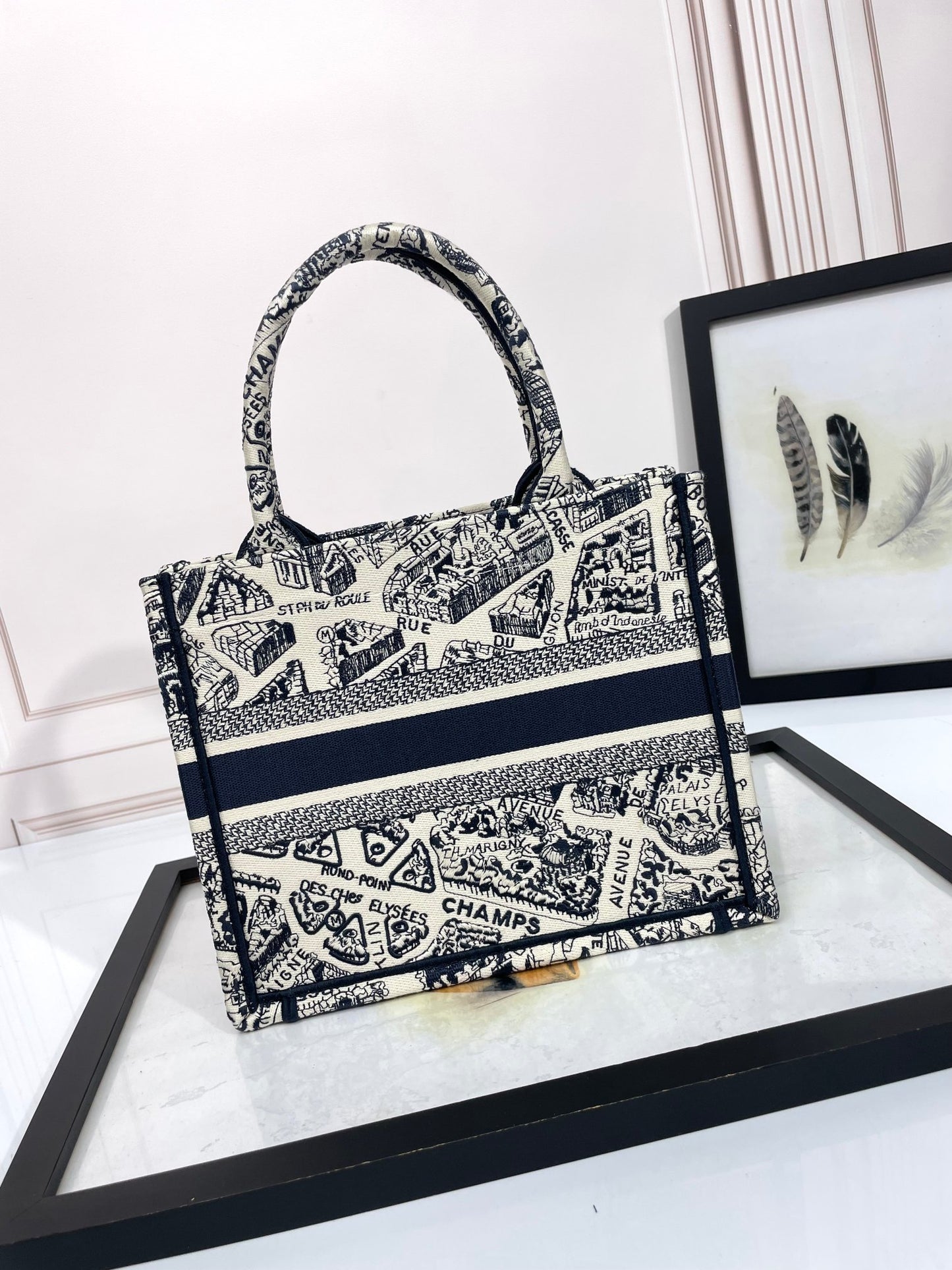Dior Chic Vintage Black and White Map Print Canvas Tote Handbag