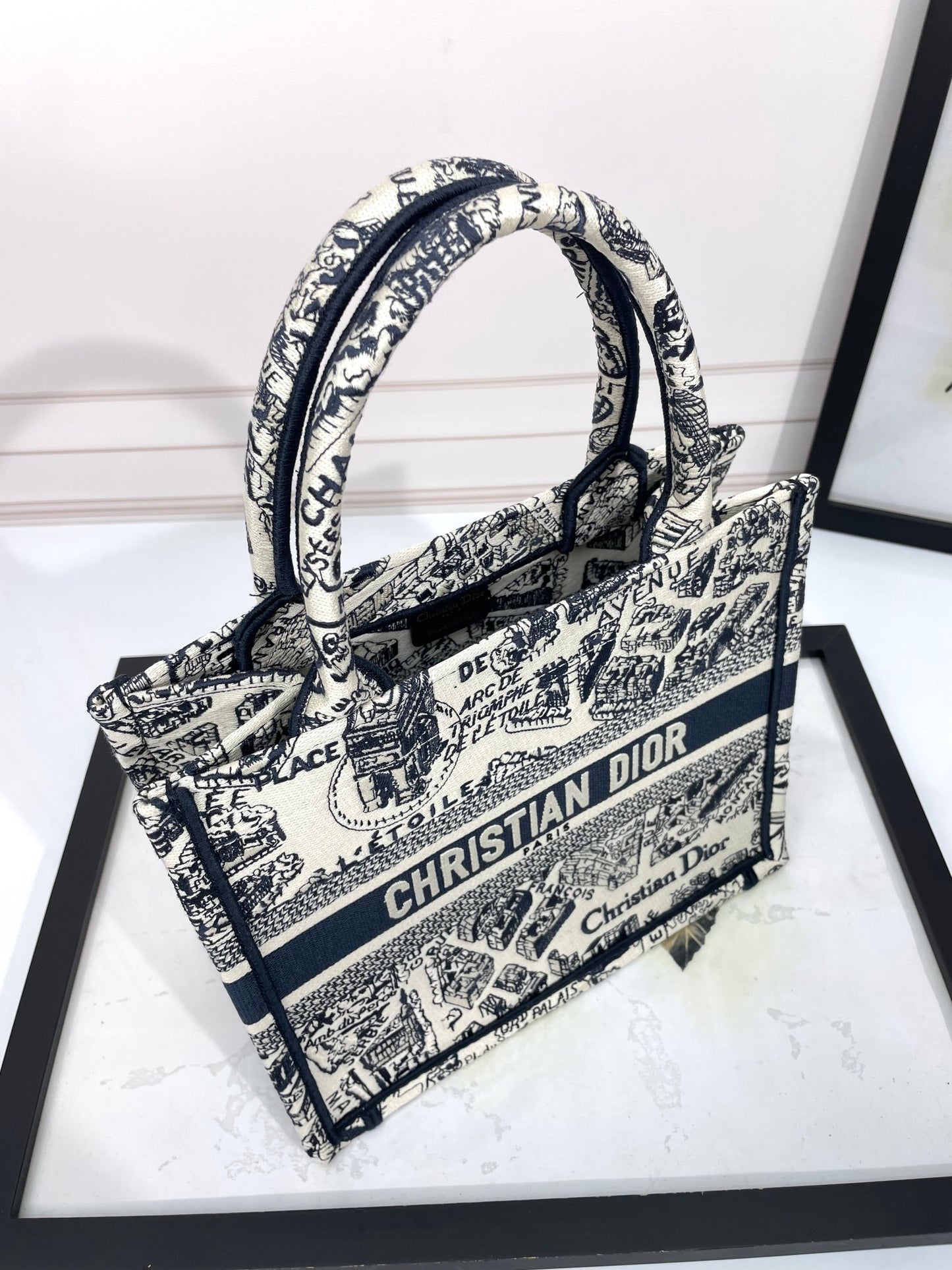 Dior Chic Vintage Black and White Map Print Canvas Tote Handbag