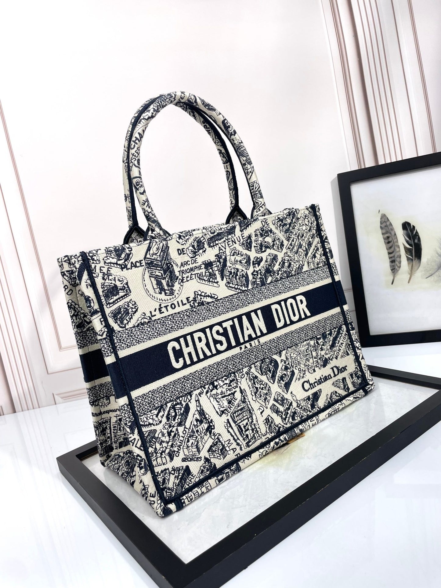Dior Vintage Map Print Embroidered Canvas Tote Bag with Top Handles