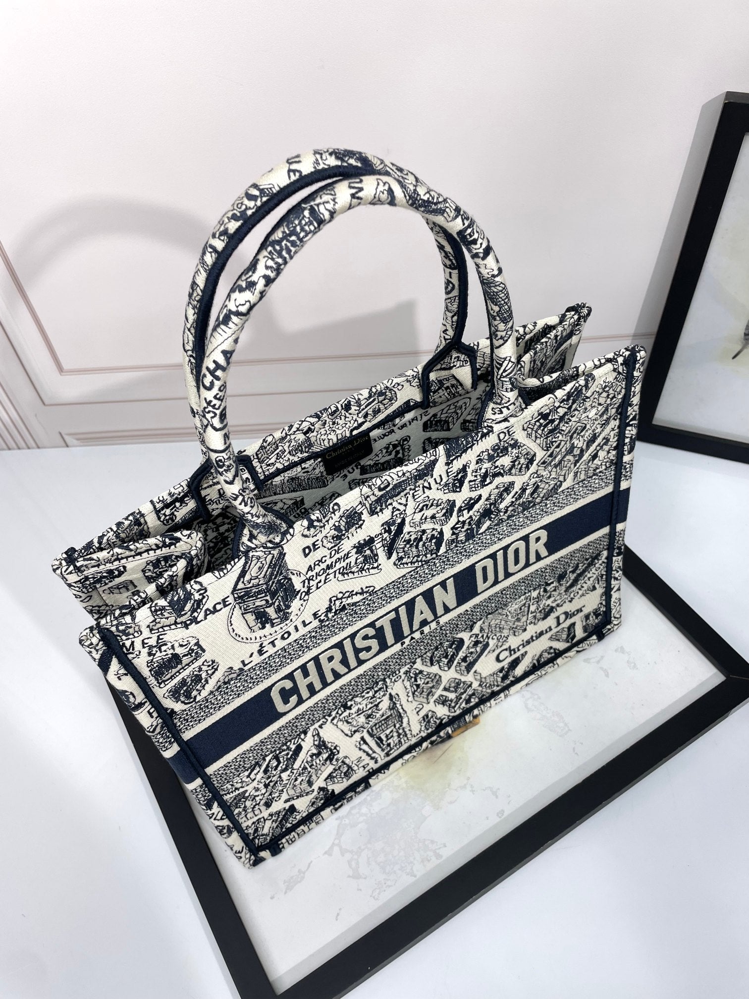 Dior Vintage Map Print Embroidered Canvas Tote Bag with Top Handles