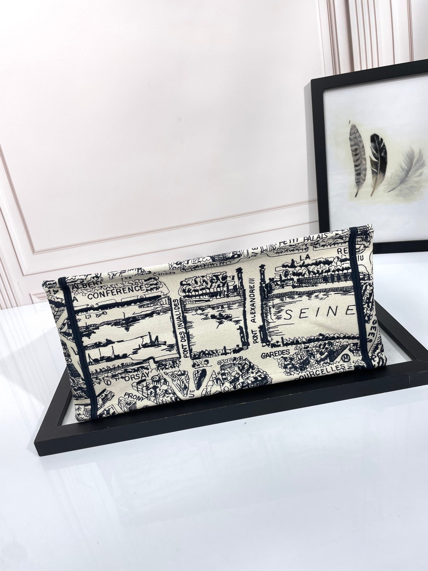 Dior Vintage Map Print Embroidered Canvas Tote Bag with Top Handles