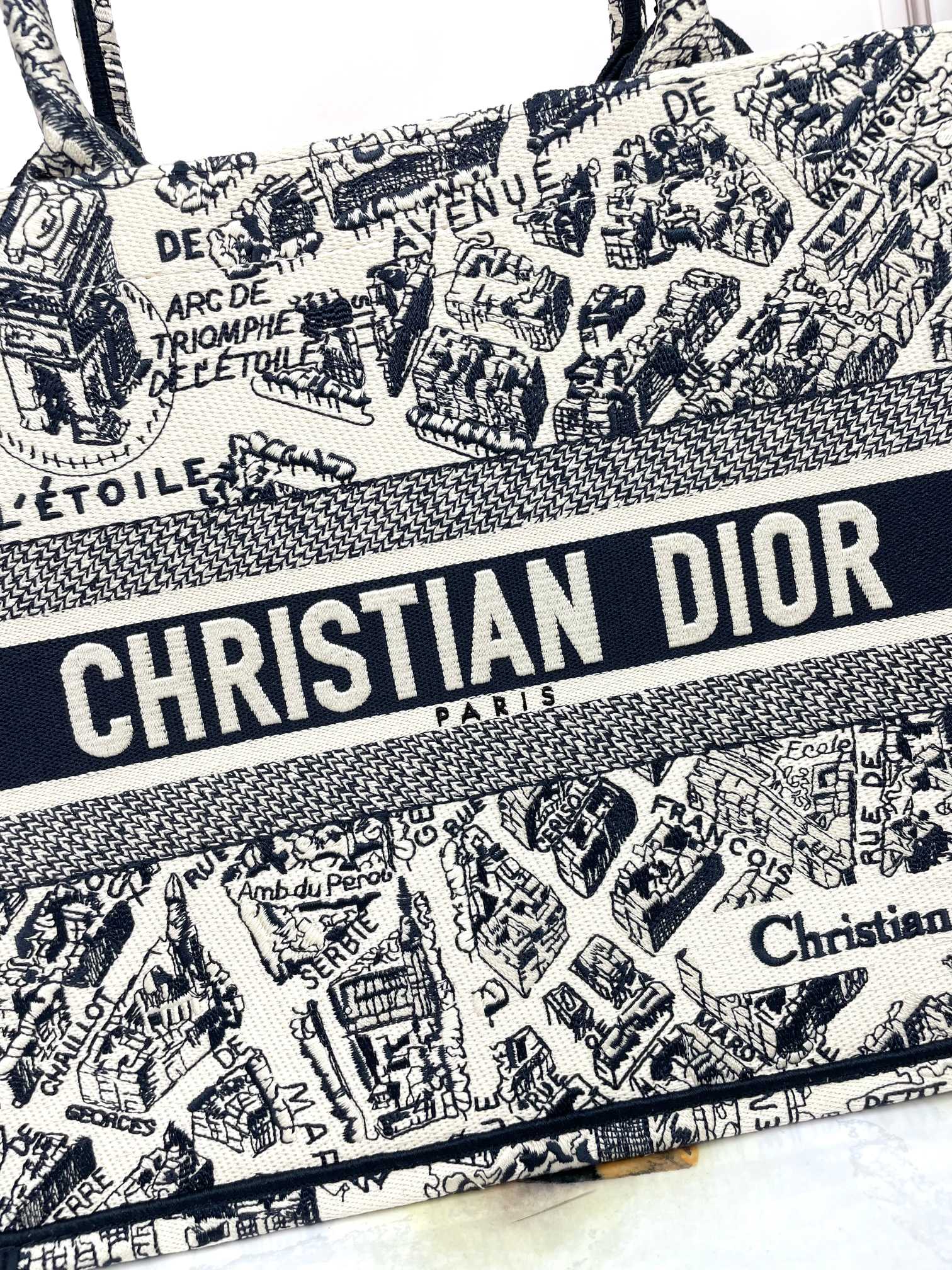 Christian Dior Large Book Tote - White and Black Plan de Paris Embroidery